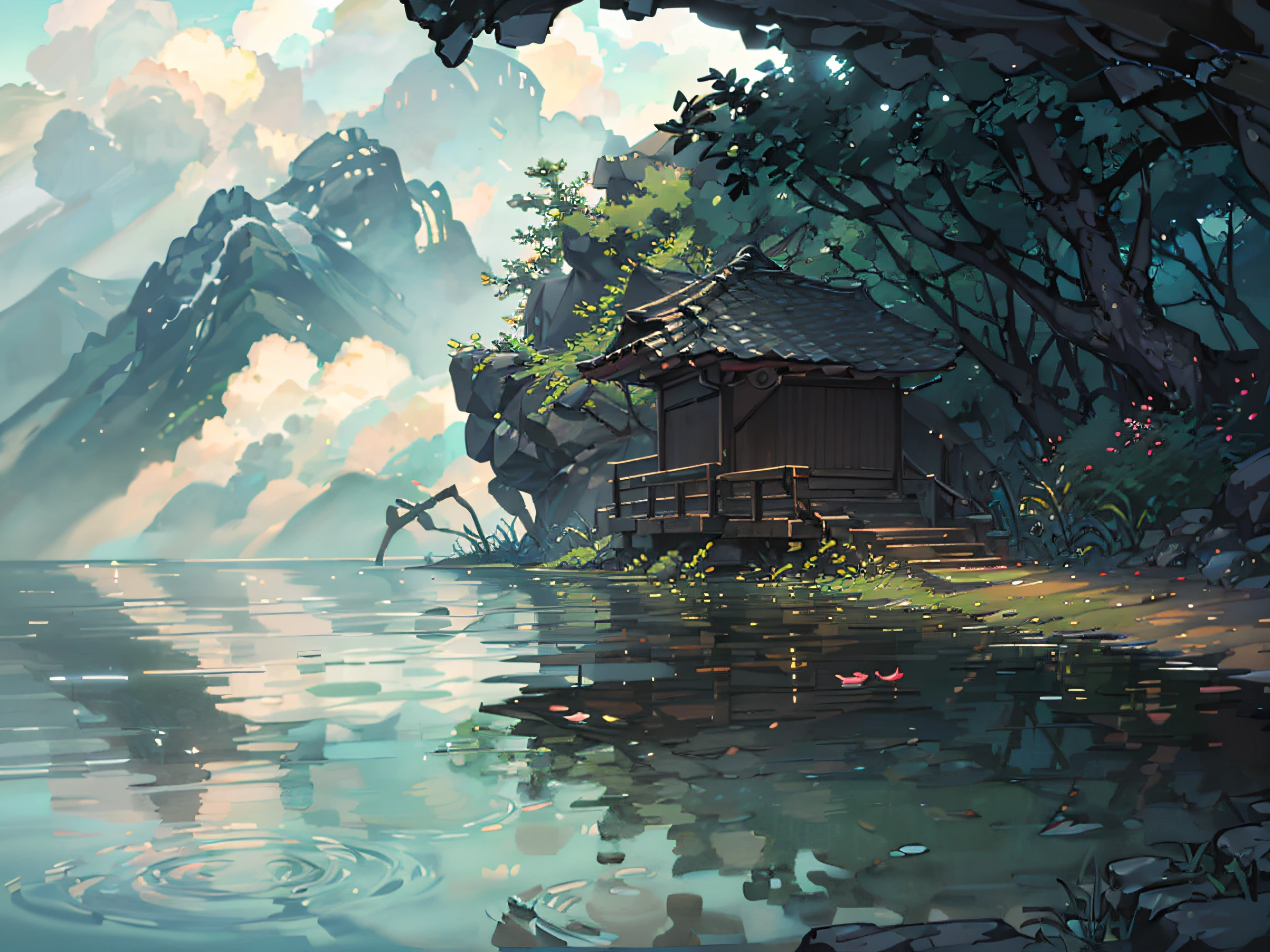 Chinese ancient times, spring, jungle, lake, cave, waterfall, tree, meadow, rock, deer, hot spring, water vapor, (illustration: 1.0), epic composition, realistic lighting, HD details, masterpiece, best quality, (very detailed CG unified 8k wallpaper) --auto