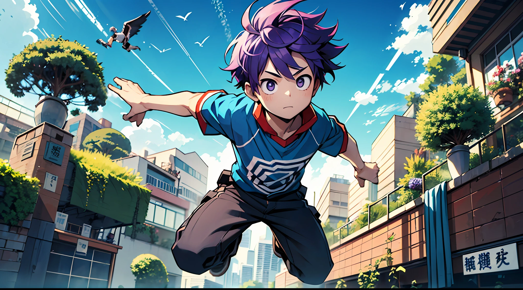 high-level image quality、hightquality、Boy with purple hair、Deformed、Parkour、Big jump、Superb view、Skysky、Sky garden、Countless random objects