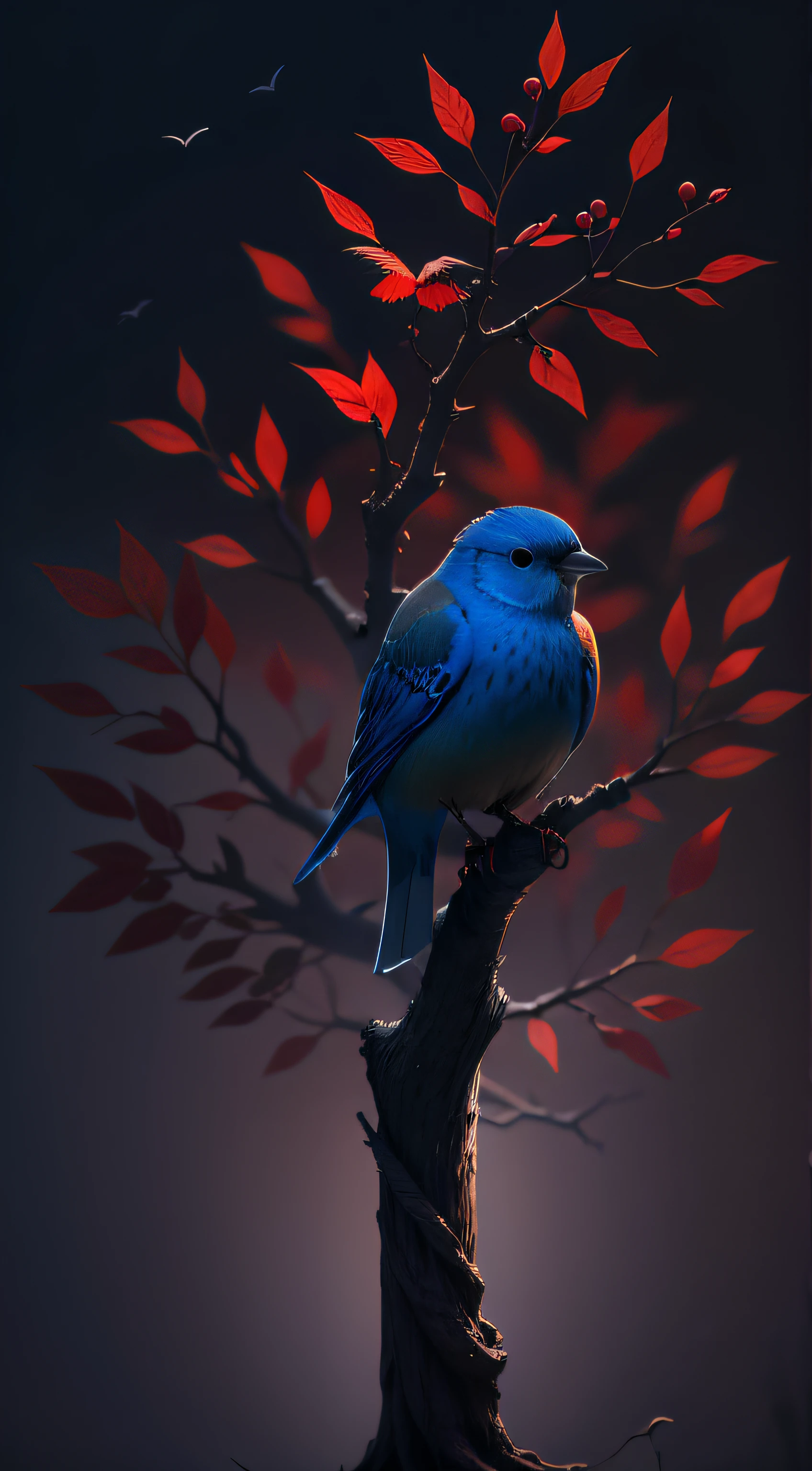 red and blue bird sitting in the alone tree,high resolution, high quality,dark background