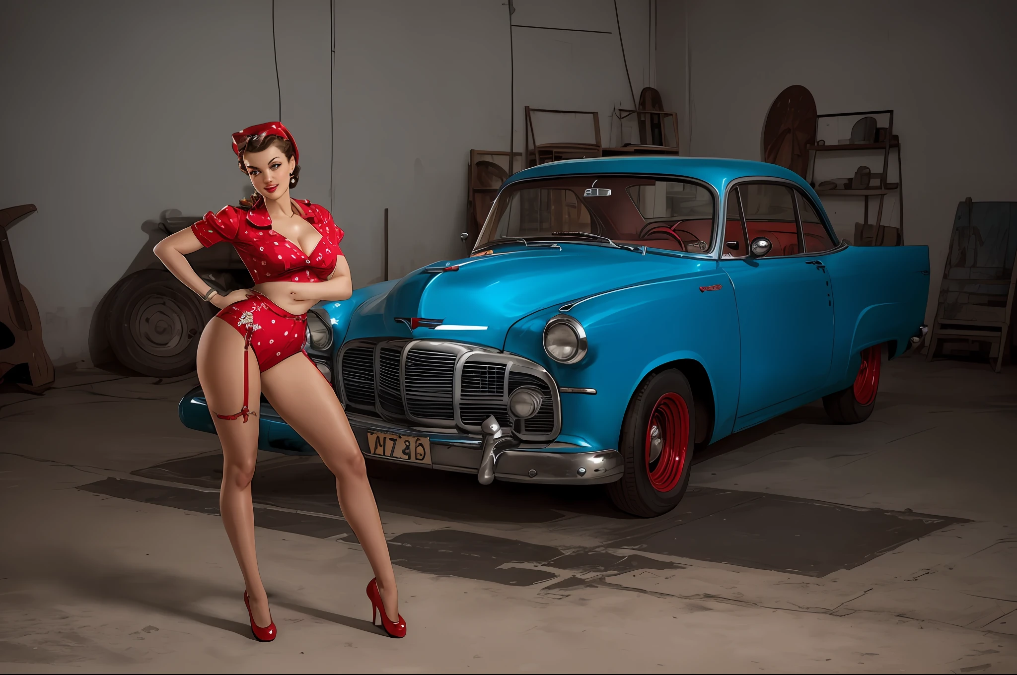 there is a woman in a red dress posing next to a blue car, pin - up, pin-up, by Petr Brandl, pin up, moskvich, sergey zabelin, by Mikhail Evstafiev, aleksander rostov, by Mikhail Lebedev, pinup model, gil elvgren style, by György Thickh, (((pin up style)))