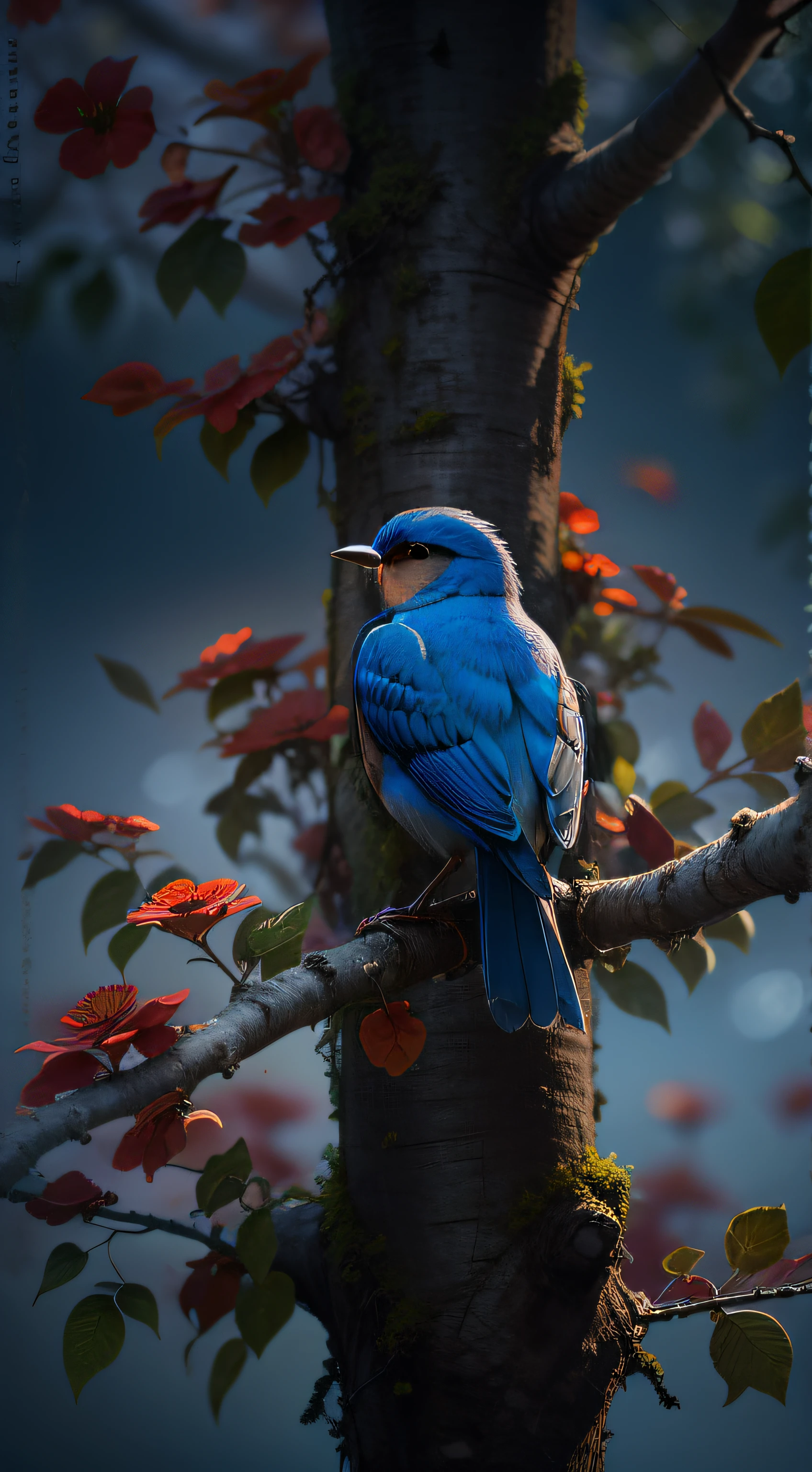 red and blue bird sitting in the alone tree,high resolution, high quality,dark background