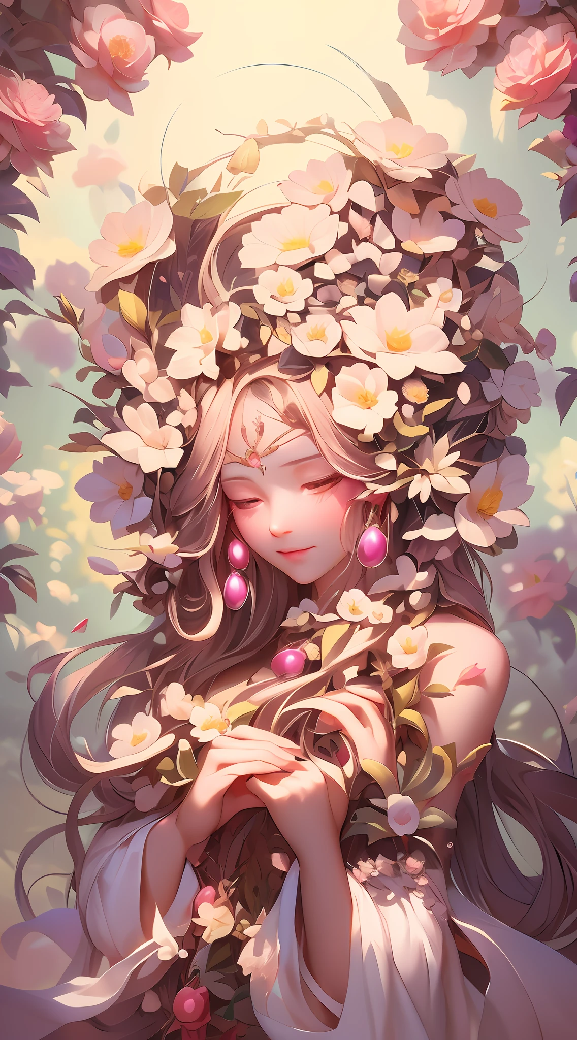 a close up of a woman with flowers in her hair, flower goddess, a beautiful artwork illustration, digital art on pixiv, detailed digital anime art, beautiful digital illustration, soft anime illustration, cute detailed digital art, gorgeous digital art, beautiful anime artwork, anime fantasy illustration, exquisite digital illustration, anime art wallpaper 4 k, anime art wallpaper 4k