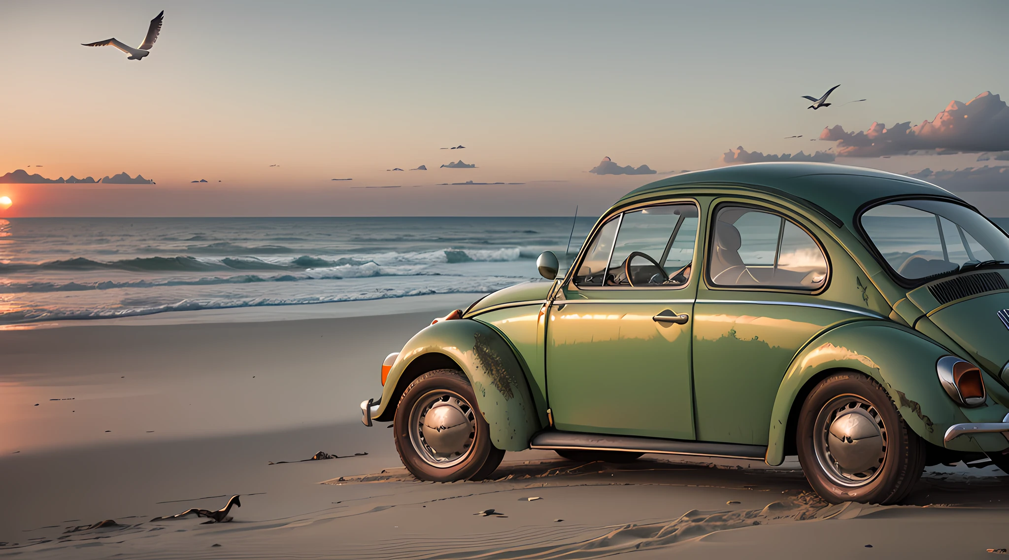"a scene of an old Volkswagen Beetle car, full of rust and character, parked on a sandy beach surrounded by waves and seagulls, capturing the nostalgic vibe of a beautiful sunset on the coastline"