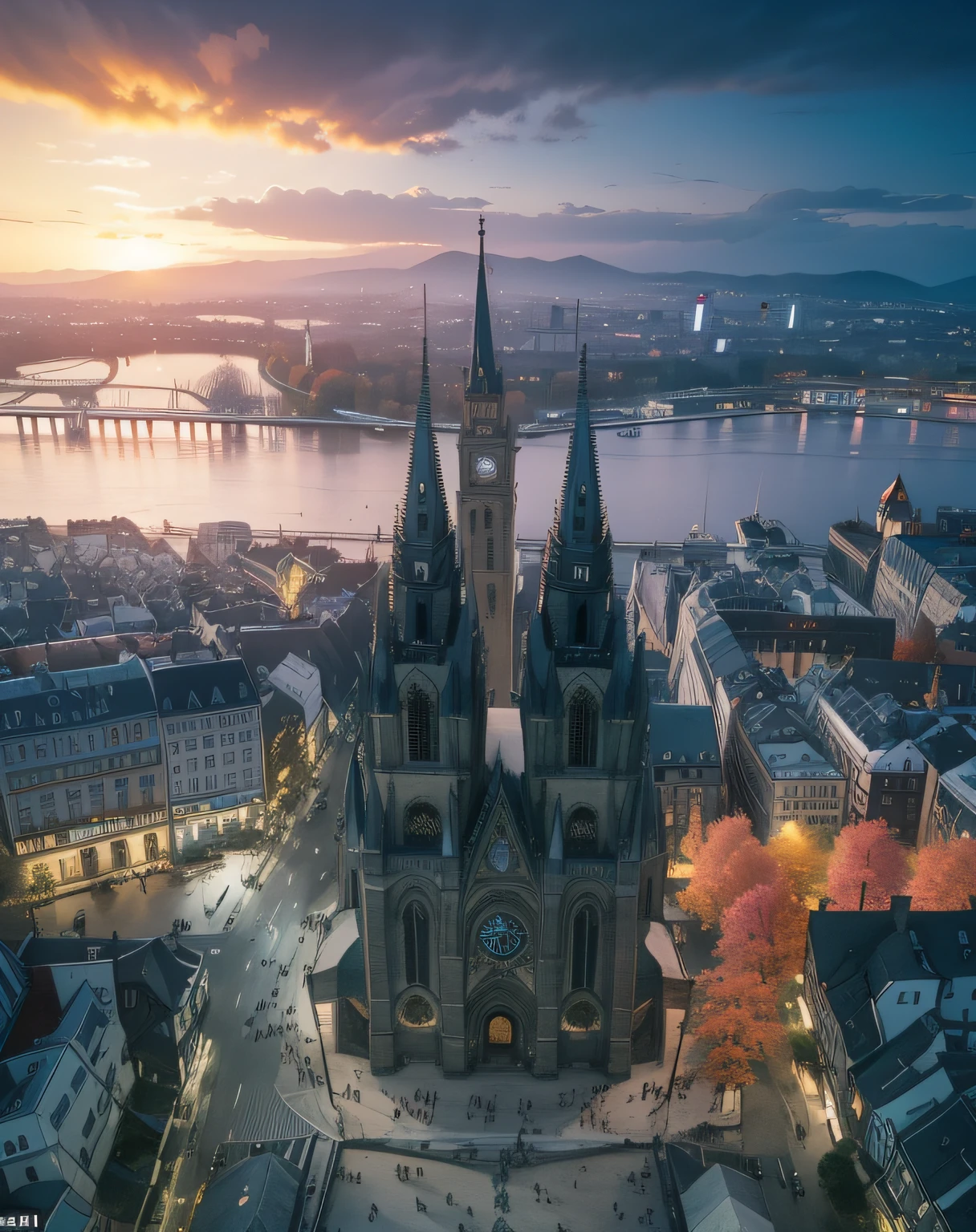 arafed view of a cathedral with a clock tower and a river, Germany. wideshot, by Werner Gutzeit, by Jakob Gauermann, shot from drone, by Emanuel Büchel, Seen from above, 4k drone photography, majestic spires, drone photography, drone view of a city, View from above, shot from drone, Shot from above