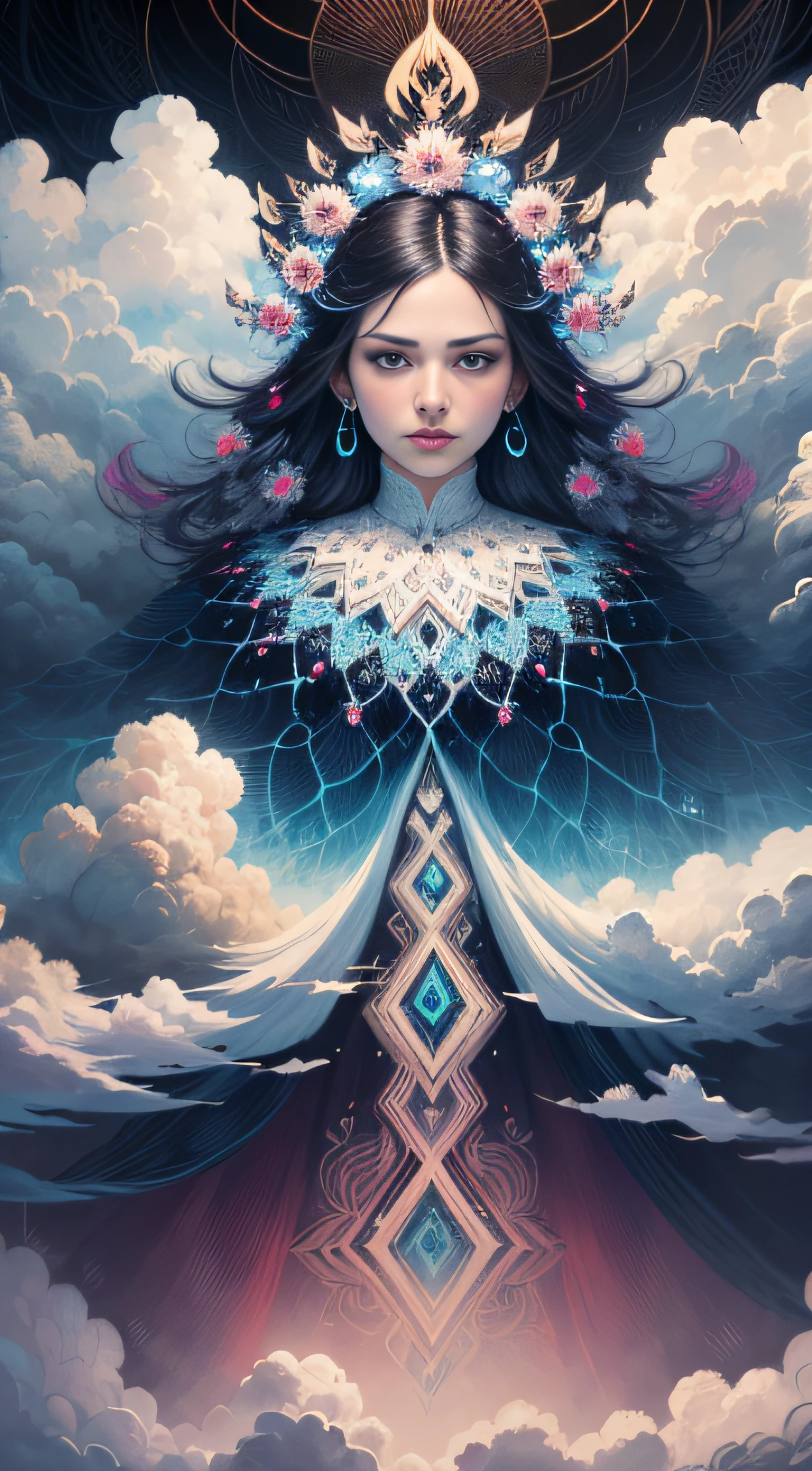 (((White Cloud Background))), (((High Saturation))), ((Surrounded by Color Splashes)))) Ultra Detailed, Beautiful and Aesthetic, Masterpiece, Best Quality, (Zentangle, Mandala, Tangled, Entangle), (Fractal Art: 1.3), 1girl, Very Detailed, Dynamic Angle, Cowboyshot, Most Beautiful Forms Chaotic, Elegant, Fauvist Design, Bright Colors, Romanticism, Michal Mraz, Adrian Ghenny, Petra Courtwright, atmospheric, ecstatic notes, flow notes visible, full body, clear background, no watermark