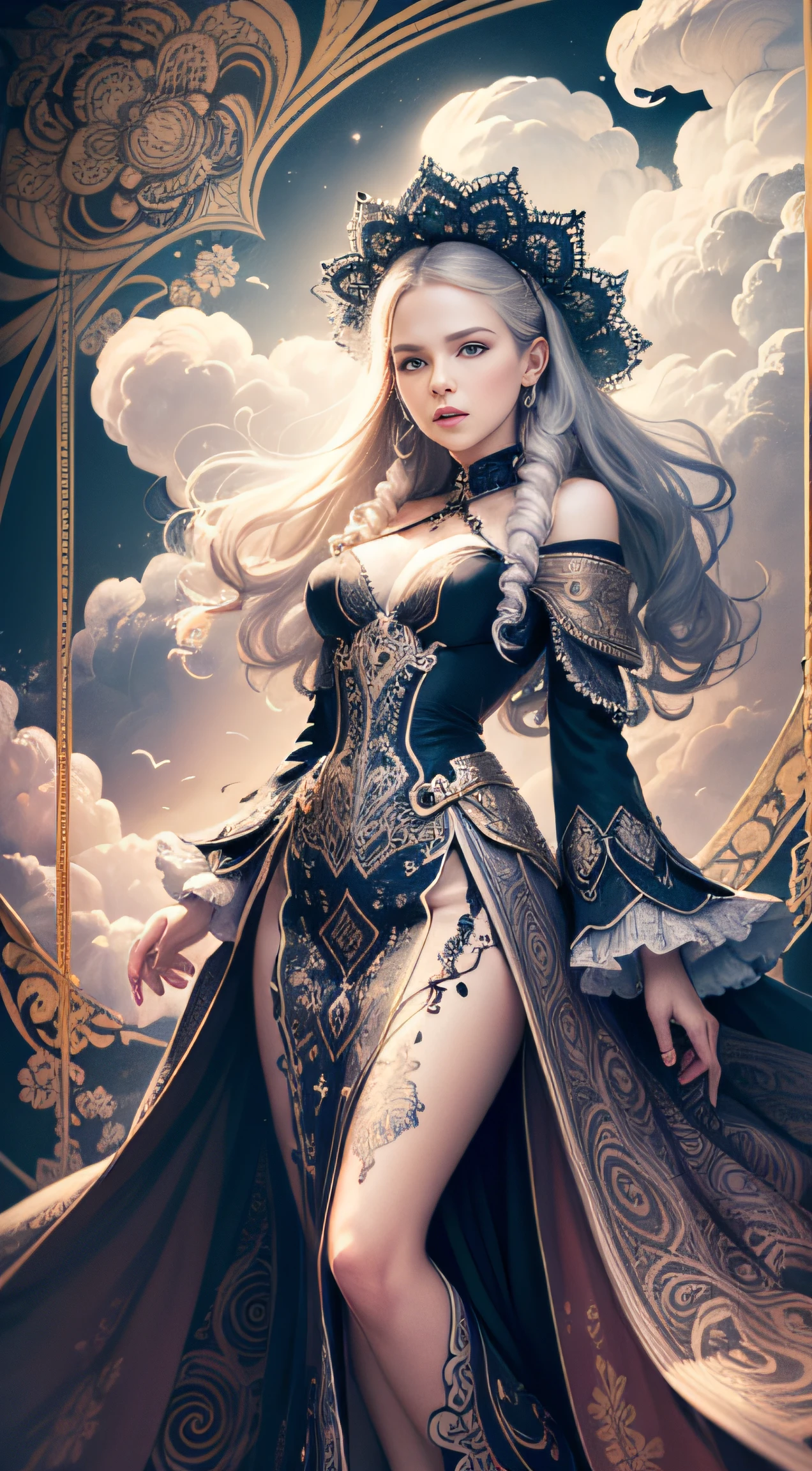 (((White Cloud Background))), (((High Saturation))), ((Surrounded by Color Splashes)))) Ultra Detailed, Beautiful and Aesthetic, Masterpiece, Best Quality, (Zentangle, Mandala, Tangled, Entangle), (Fractal Art: 1.3), 1girl, Very Detailed, Dynamic Angle, Cowboyshot, Most Beautiful Forms Chaotic, Elegant, Fauvist Design, Bright Colors, Romanticism, Michal Mraz, Adrian Ghenny, Petra Courtwright, atmospheric, ecstatic notes, flow notes visible, full body, clear background, no watermark