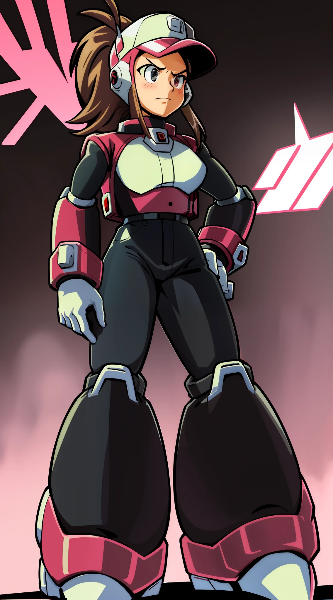 1Girl, Heavy white and red thick armor, two-tone gloves, white-red skirt, heavy black cybernetic boots, heavy cybernetic white-pink arms with black wristbands, heavy cybernetic white-red torso with jacket, black waist belt, megamanX white and red heavy body armor, long black pony tail, pink and red trim aviator goggles on forehead, heavy thick black hair, metallic pink skirt, large tall jacket, white armor with red trim, wearing biker/aviator jacket, wearing thick/wide black wristbands, punk pose, two-tone white and pink gloves, long black/brown ponytail, tall jacket, black skin-tight pants, gloved hand in pocket with other gloved hand on hip, wearing red baseball cap