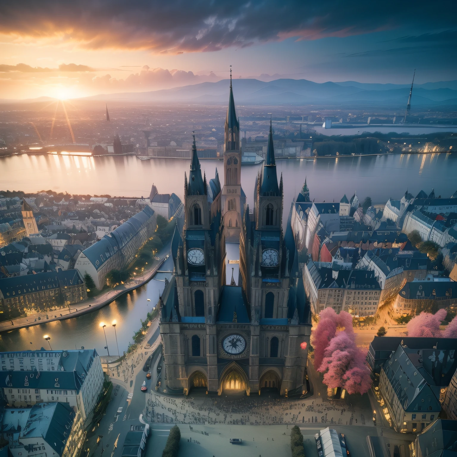 arafed view of a cathedral with a clock tower and a river, Germany. wideshot, by Werner Gutzeit, by Jakob Gauermann, shot from drone, by Emanuel Büchel, Seen from above, 4k drone photography, majestic spires, drone photography, drone view of a city, View from above, shot from drone, Shot from above