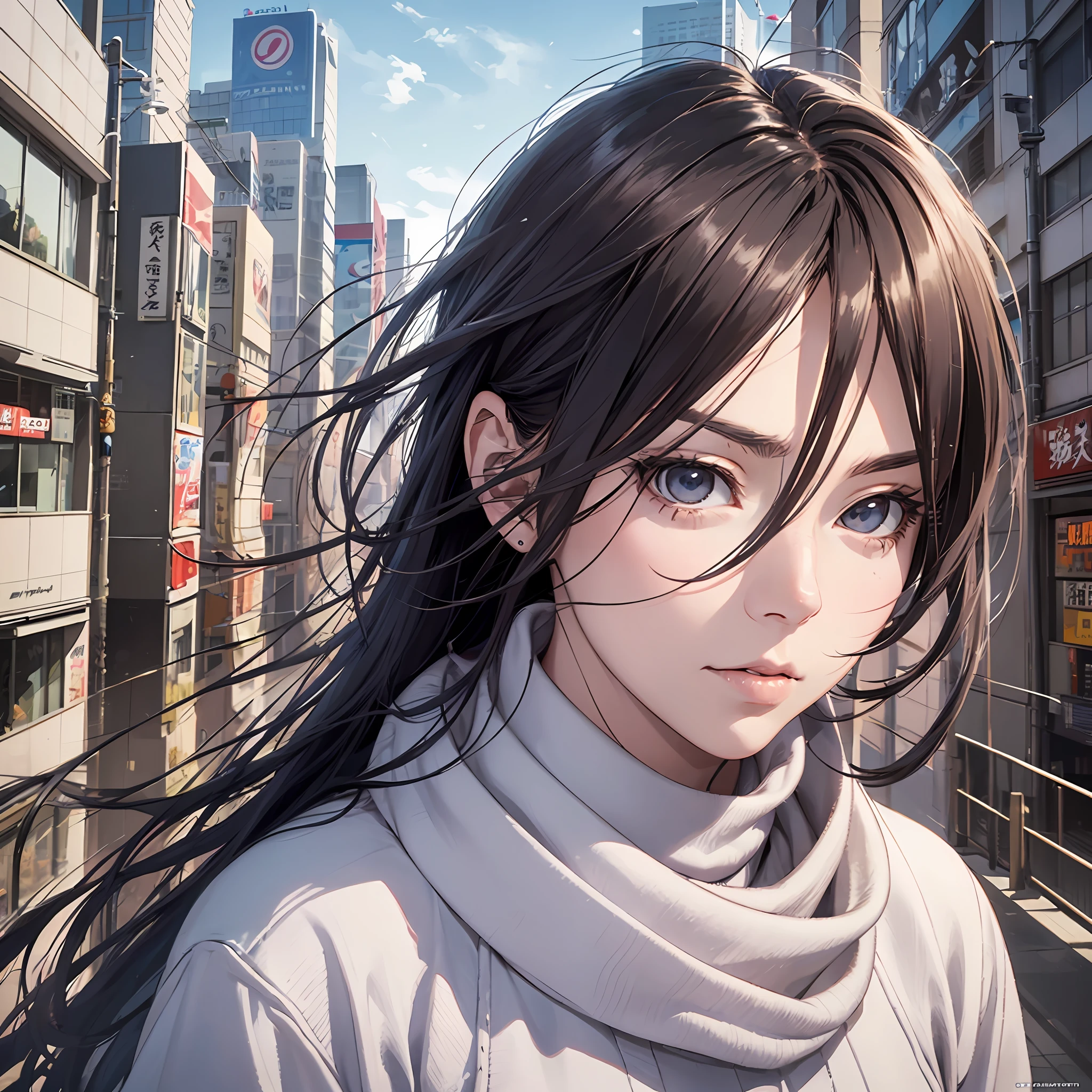 Realistic Potrait of Rukia Kuchiki, art by Tite Kubo, in the City of Tokyo, High Resolution --auto --s2