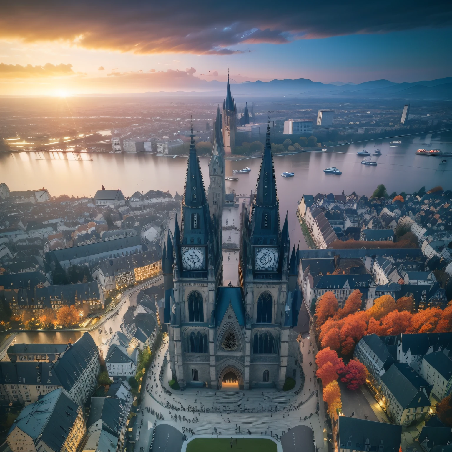 arafed view of a cathedral with a clock tower and a river, Germany. wideshot, by Werner Gutzeit, by Jakob Gauermann, shot from drone, by Emanuel Büchel, Seen from above, 4k drone photography, majestic spires, drone photography, drone view of a city, View from above, shot from drone, Shot from above