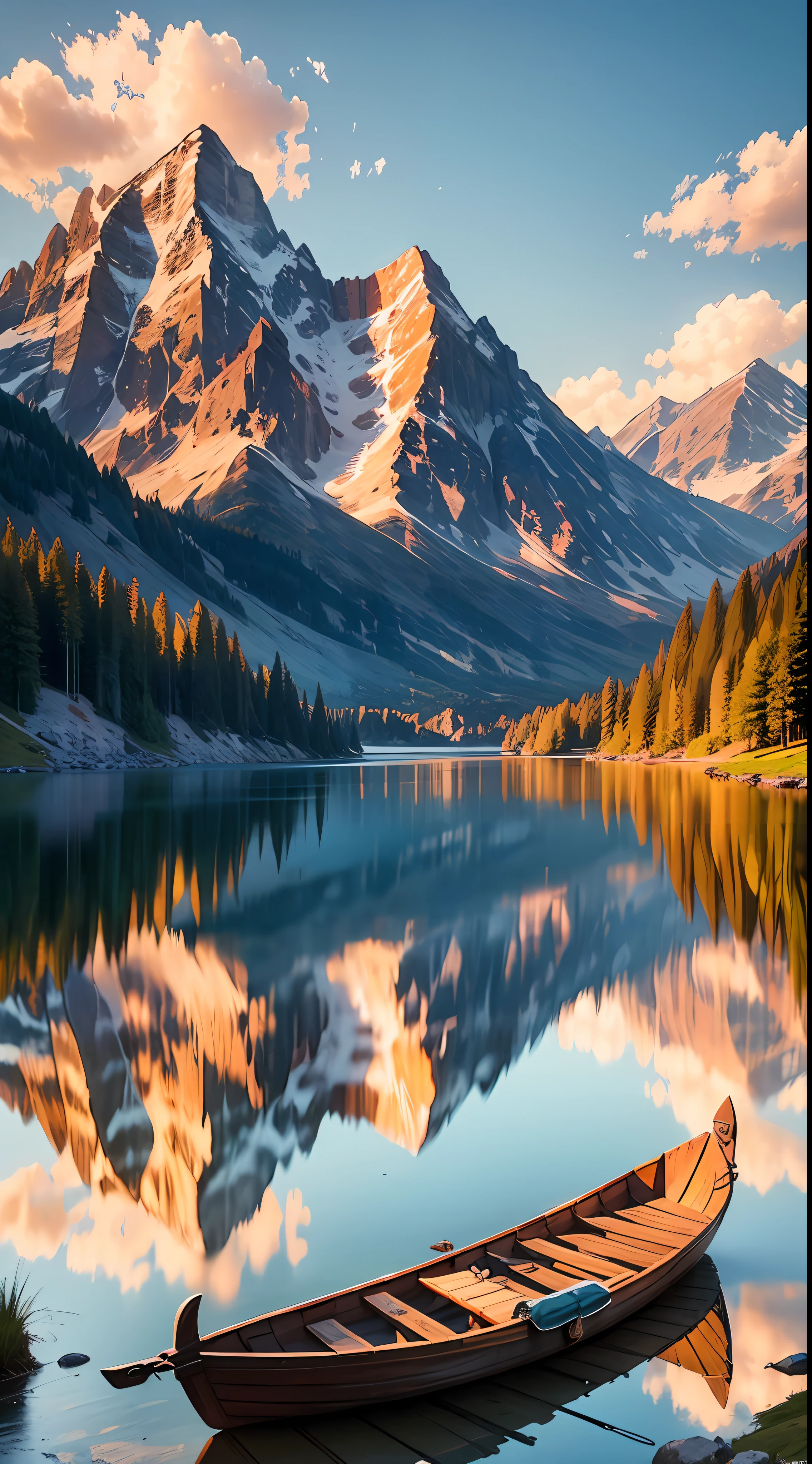 (best quality) A lakeside scene with a gorgeous mountain scenery, featuring a wooden boat at sunset with a good composition.