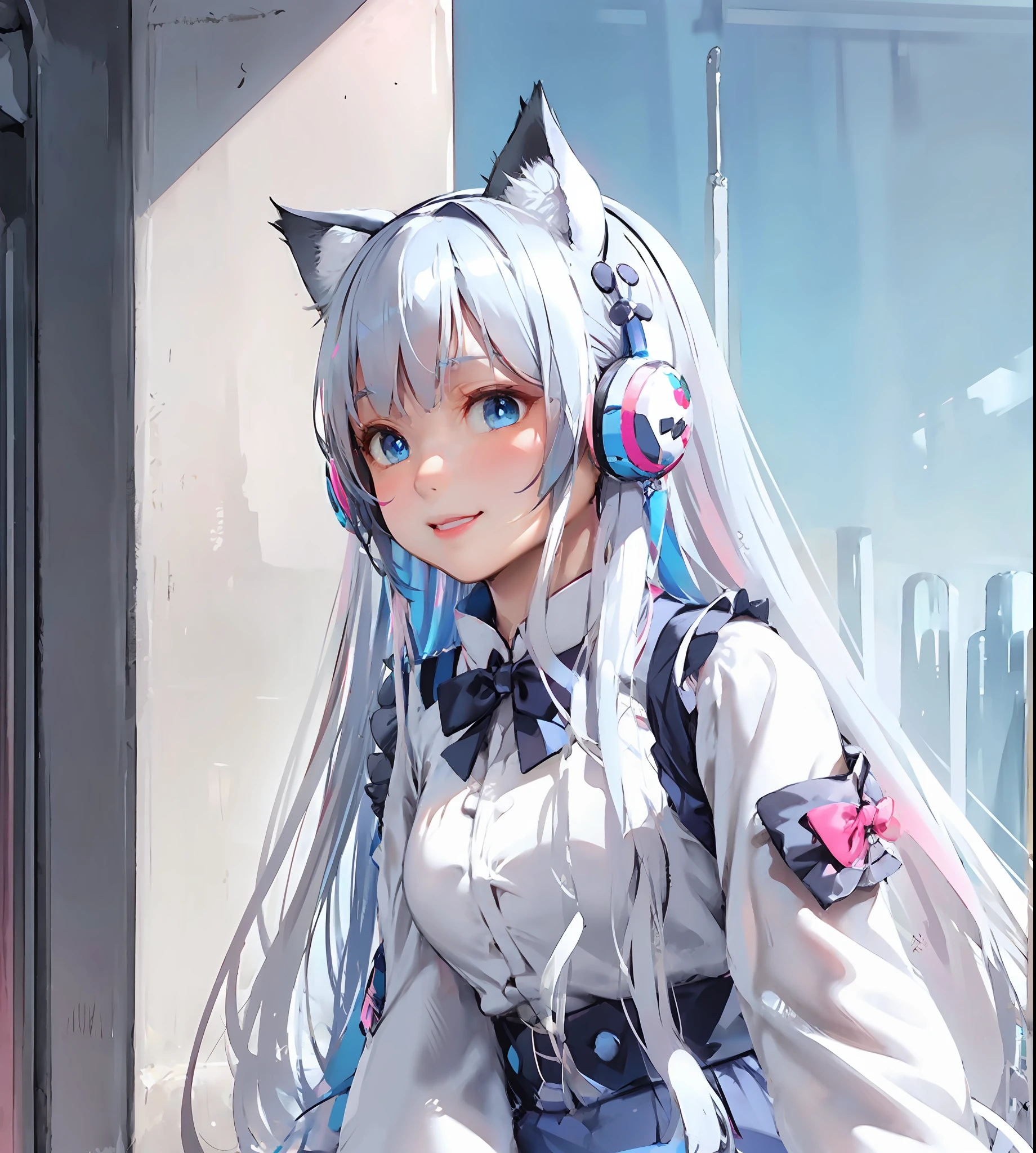 First place JK girl,Fine facial features,Blue hair,blue colored eyes,pinkskirt,Pink shirt,With a black bow,Wear white over-the-knee stockings,Thin leg,sitting in the couch,The smile was cute and innocent,3D,Chinese style,Anime figure,Cat-eared girl