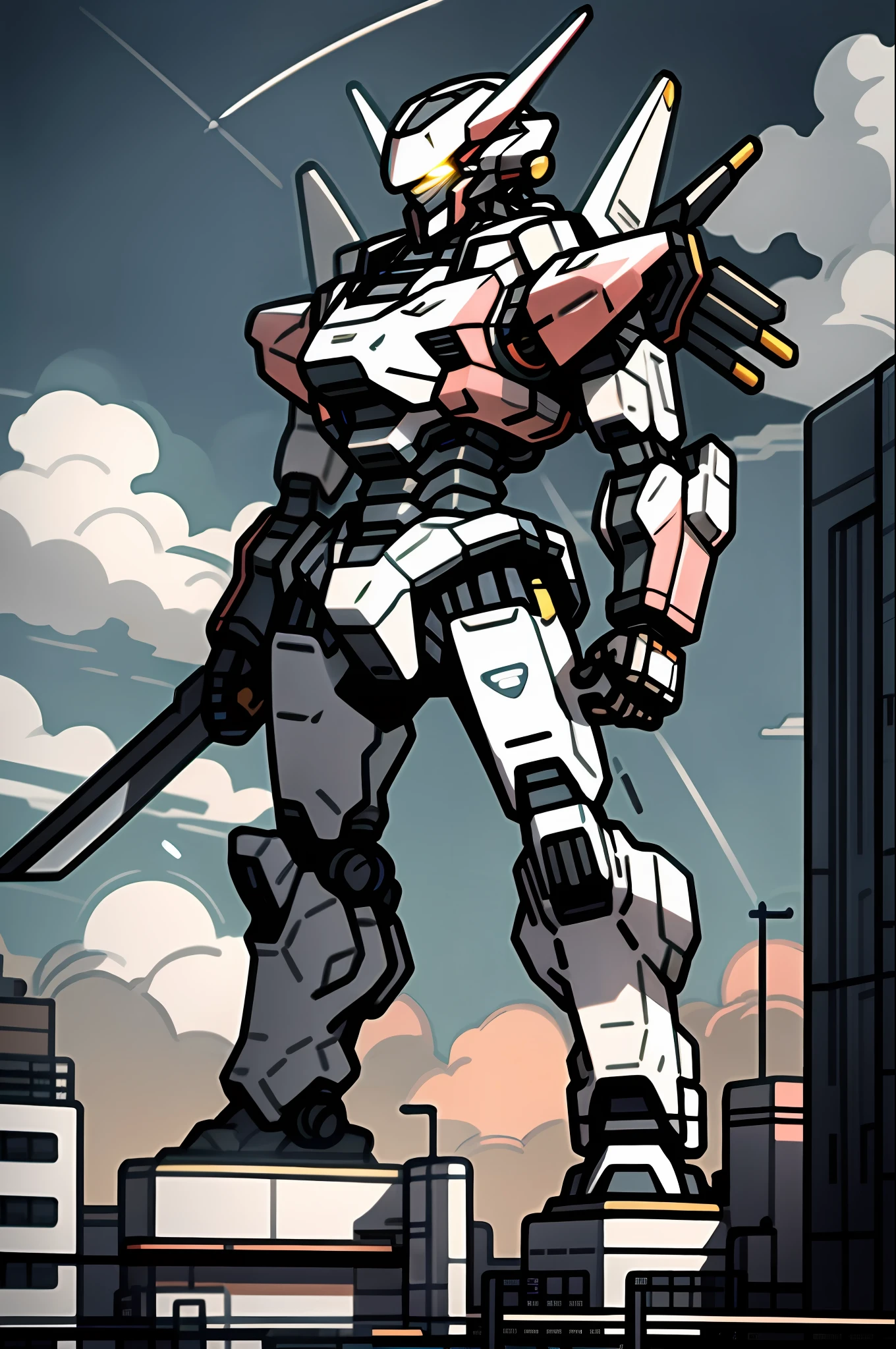 sky, cloud, holding_weapon, no_humans, glowing, , robot, building, glowing_eyes, mecha, science_fiction, city, realistic,light pink mecha