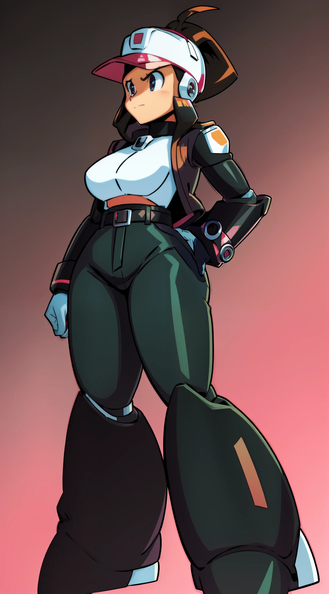 1Girl, Heavy white and red thick armor, two-tone gloves, white-red skirt, heavy black cybernetic boots, heavy cybernetic white-pink arms with black wristbands, heavy cybernetic white-red torso with jacket, black waist belt, megamanX white and red heavy body armor, long black pony tail, pink and red trim aviator goggles on forehead, heavy thick black hair, metallic pink skirt, large tall jacket, white armor with red trim, wearing biker/aviator jacket, wearing thick/wide black wristbands, punk pose, two-tone white and pink gloves, long black/brown ponytail, tall jacket, black skin-tight pants, gloved hand in pocket with other gloved hand on hip, wearing red baseball cap
