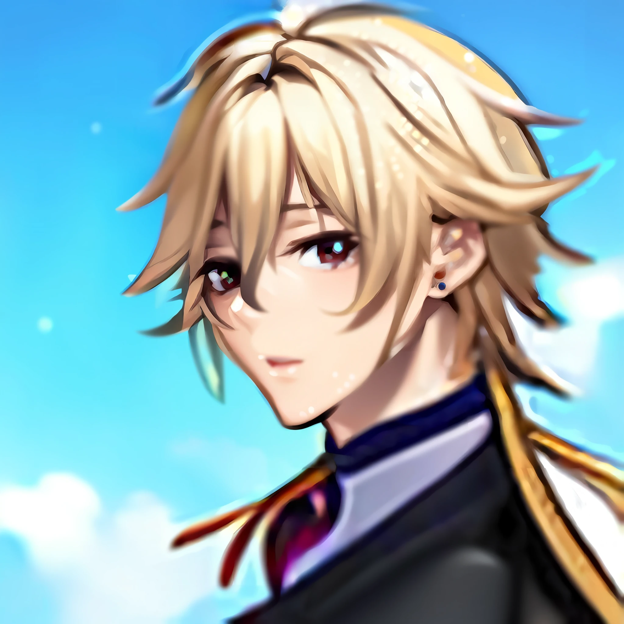 um close up de uma pessoa com cabelo comprido e gravata, Hajime Yatatate, imagem do avatar, portrait of magical blond prince, Okita Sougo, delicate androgynous prince, Beautiful androgynous prince, Character icon, personagem de anime masculino, Masamune Shiro, Heise Jinyao, tou, Yuyushiki, Retrato de Onmyoji