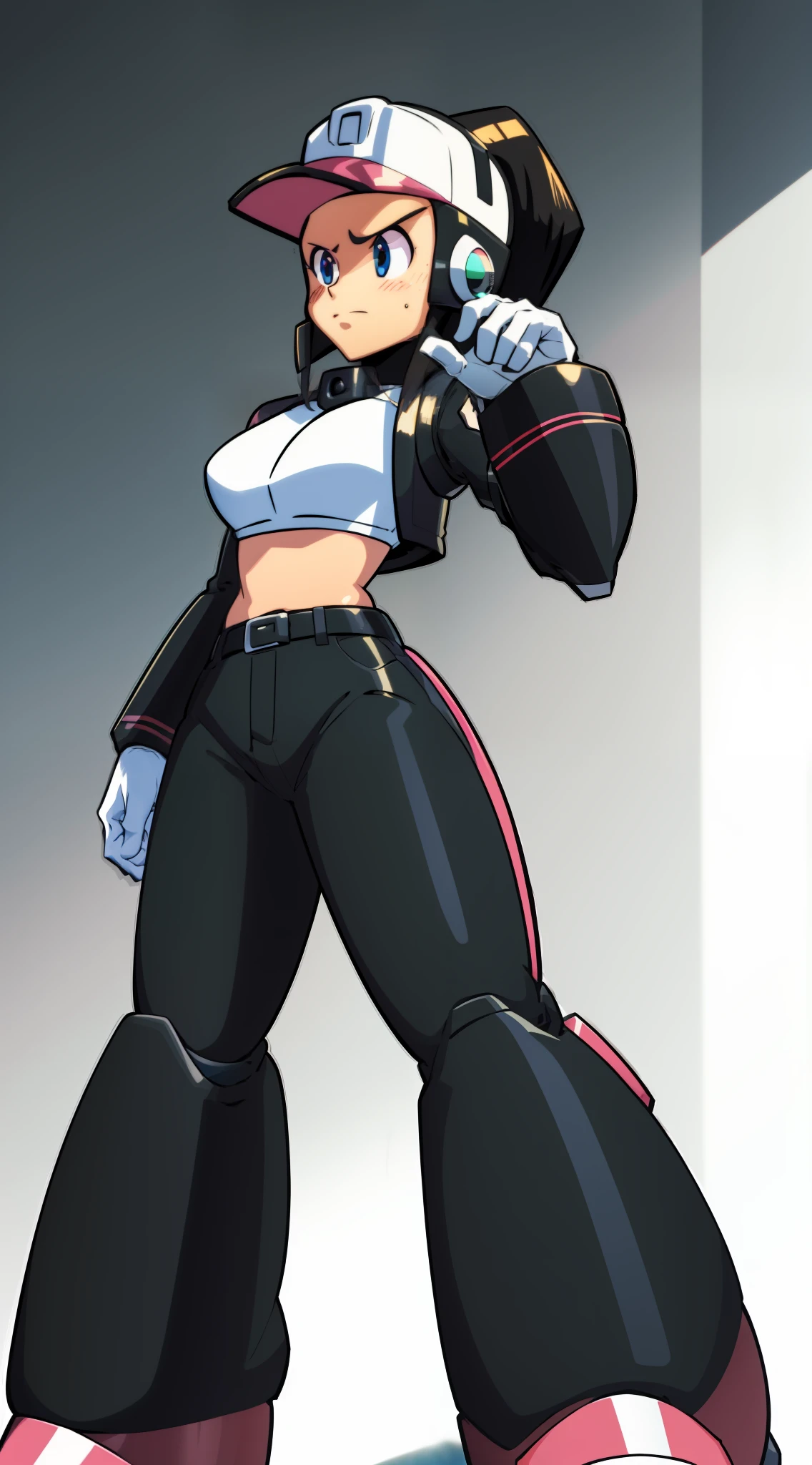 1Girl, Heavy white and red thick armor, two-tone gloves, white-red skirt, heavy black cybernetic boots, heavy cybernetic white-pink arms with black wristbands, heavy cybernetic white-red torso with jacket, black waist belt, megamanX white and red heavy body armor, long black pony tail, pink and red trim aviator goggles on forehead, heavy thick black hair, metallic pink skirt, large tall jacket, white armor with red trim, wearing biker/aviator jacket, wearing thick/wide black wristbands, punk pose, two-tone white and pink gloves, long black/brown ponytail, tall jacket, black skin-tight pants, gloved hand in pocket with other gloved hand on hip, wearing red baseball cap
