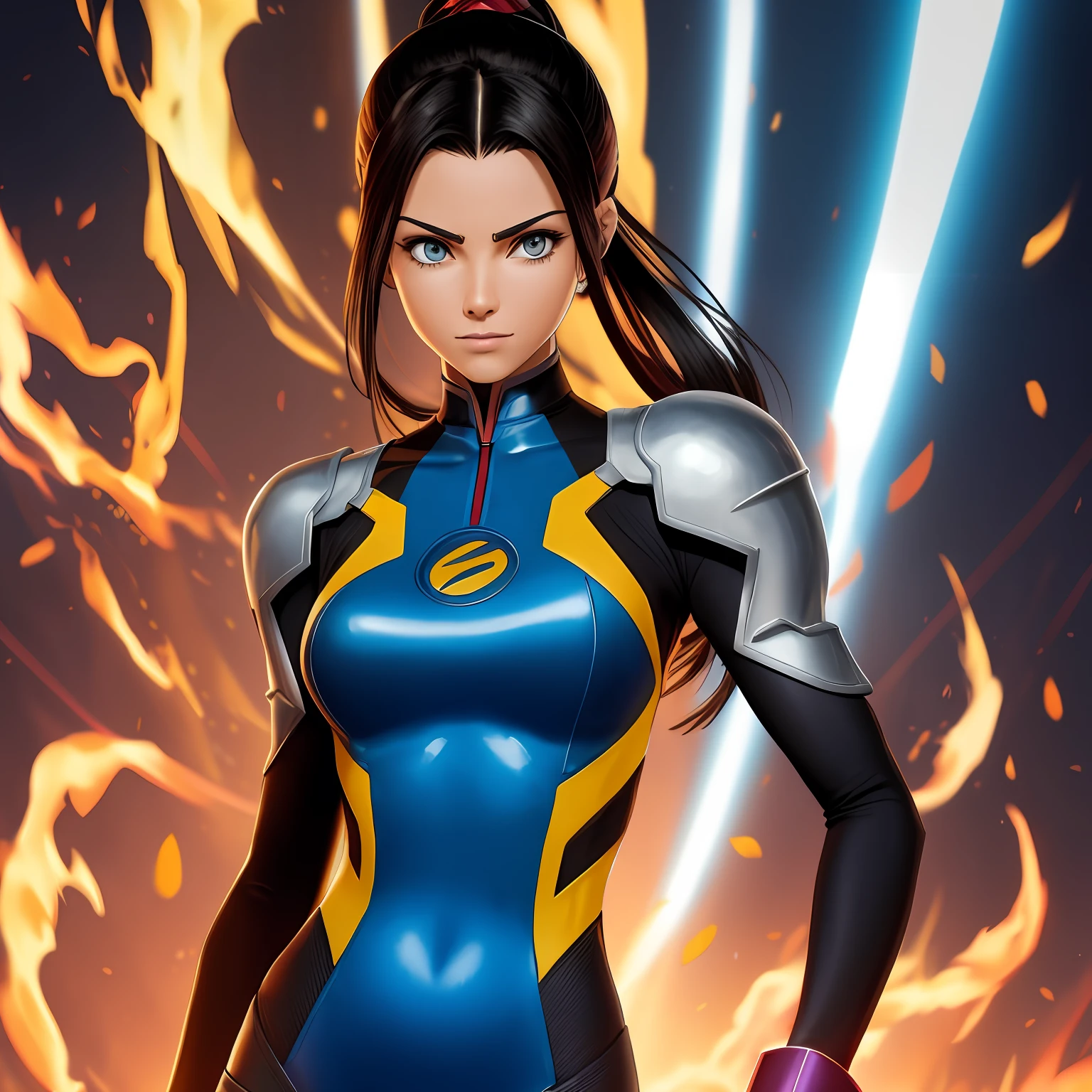 estilo JCM2, 4k, Azula, avatar the last airbender, Evangelion Plugsuit Skinsuit, peito grande, olhos azuis, cabelo preto, sneaking into the camera, holding a flame in your hands, front pose walking towards the camera with one leg in front and the other behind, Vicky, magical godfathers, melhor qualidade, alto, extremely high quality, Absurdo, Azula3, pele clara, Traditional media, Cabelos Longos, topo de corte, diafragma, umbigo, olhos expressivos afiados, rosto perfeito, quadris largos, linearidade espessa, liso, fundo lindamente detalhado da margem do rio, anime composition, batom, maquiagem, Olhando para o Viewer, todo o corpo, piso, princesa caucasiana furiosa pronta para a guerra, black kinetic skin with exposed white muscles, mulher gostosa, sculptural body with defined muscles, boca fechada, muscular body, whole body covered by neon style plugsuit Genesis evangelion, ((seios grandes)), (olhos com maquiagem pesada e bem preta), (((cabelo desalinhado)), very long eyelashes, maquiagem pesada nos olhos, niji --V5, near the anime, Pose sexy --auto