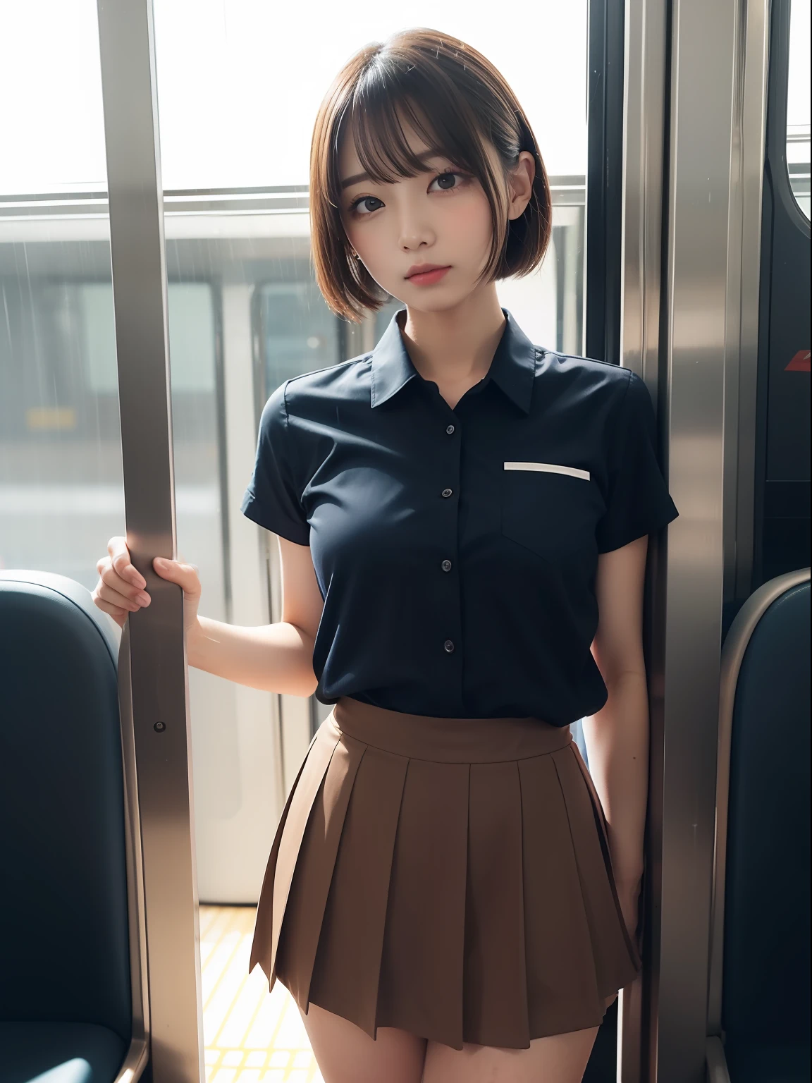 Japanese Girls、18歳の女の子、ple short hair、Blond Hair、bangs、BROWN EYES、Perfect figure、Sense of transparency、luster、gloss、modest chest、School Uniforms、Navy blue ribbon、Light blue shirt、Navy blue skirt、Guangyue、Burning body、hposing Gravure Idol、On the train、Beautiful feet、Strong sunlight、Nasty、Rain-drenched body、wet