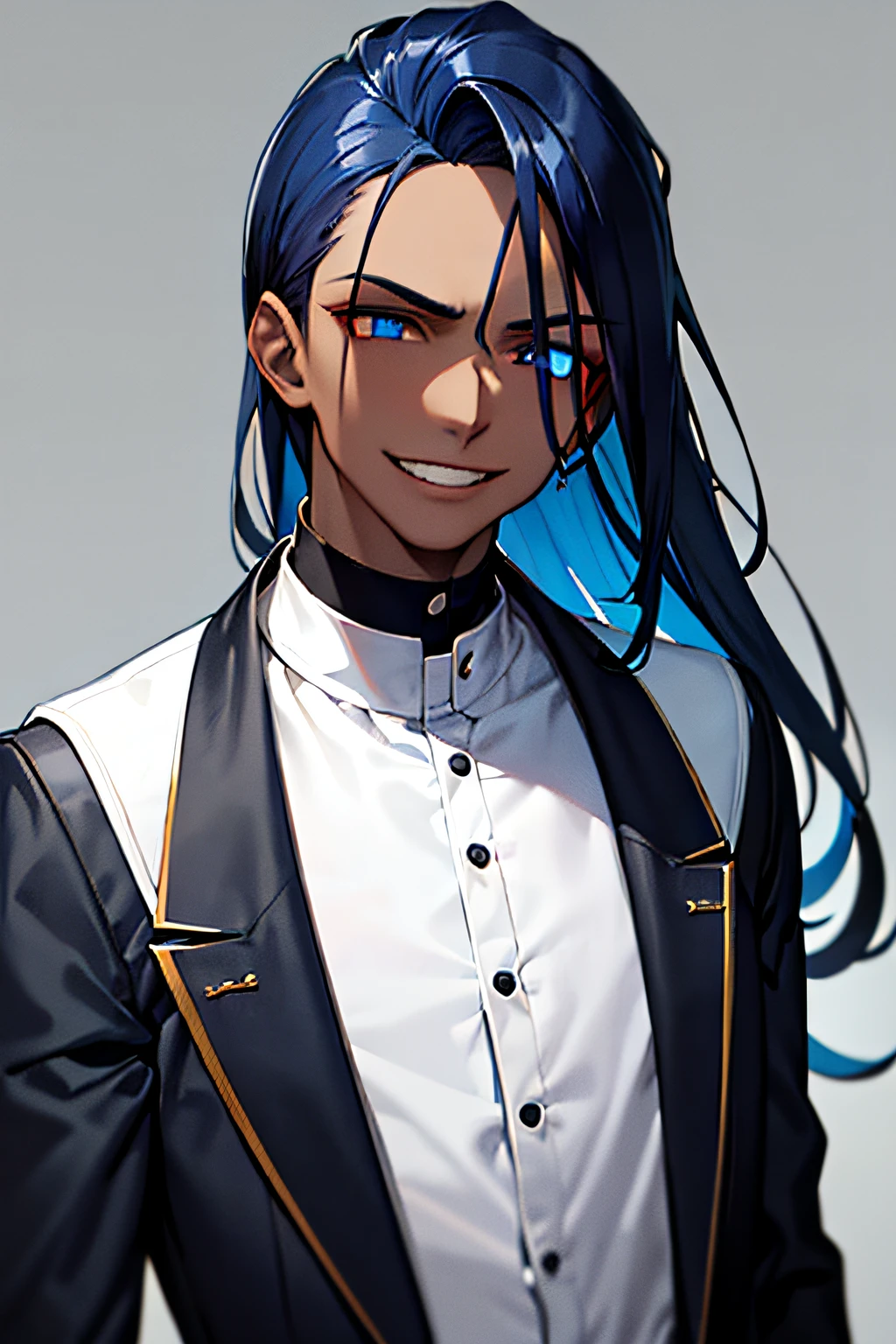 masterpiece, dark blue hair, 1man, student clothes, heterochromy white and black, contrastant colors, ultra quality, perfect face, good art, portrait, dark skin, cool art, edgy vibe, smirk smile, male, aged at 22 years, good background, long hair.