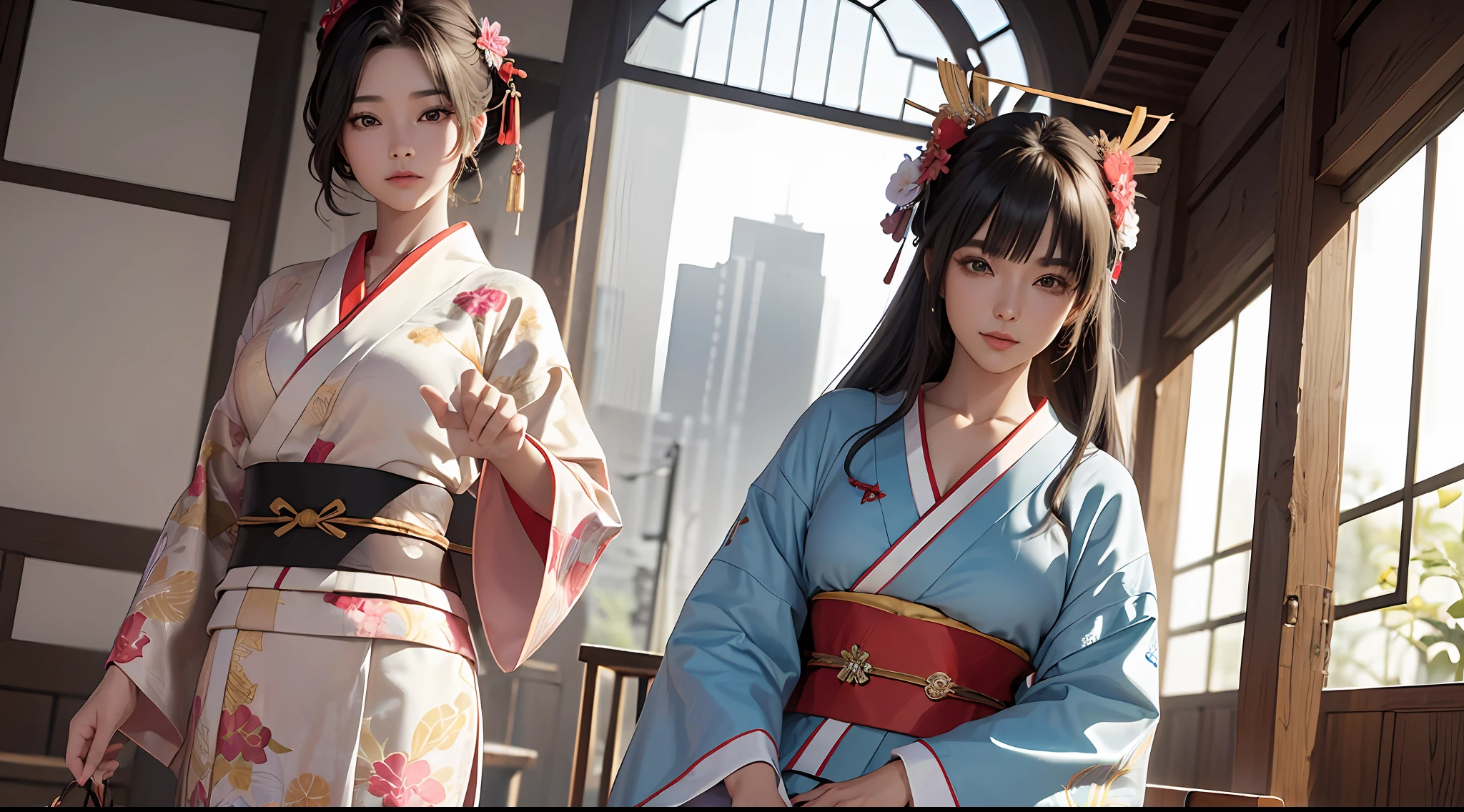 ((melhor qualidade)), ((obra-prima)), (altamente detalhado:1.3) a beautiful young Japanese woman, vestida com seu tradicional kimono, mostrando as coxas fortes, 3D rendering style anime --auto