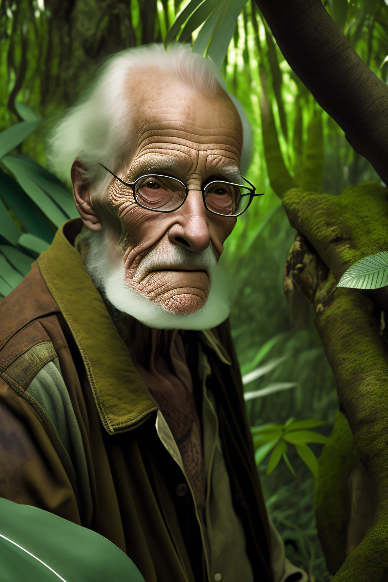 photo of an old man in a jungle, looking at the camera
