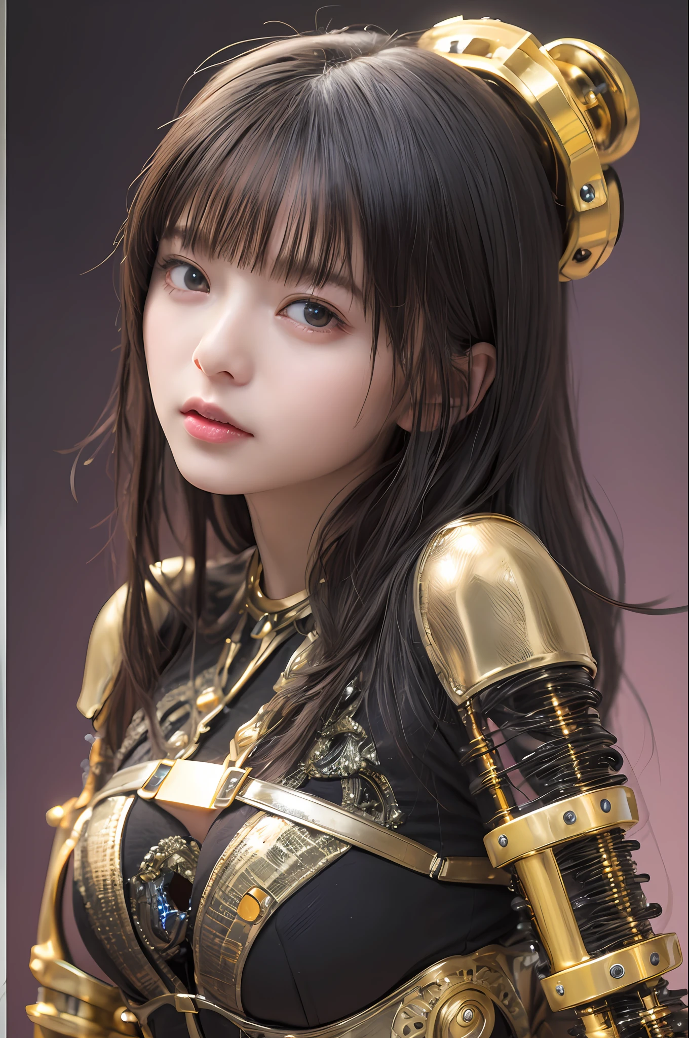 top-quality、​masterpiece、超A high resolution、(Photorealsitic:1.4)、Raw photo、女の子1人、Black hair、glowy skin、1 Mechanical Girl、((super realistic details))、portlate、globalillumination、Shadow、octan render、8K、ultrasharp、tits out、Raw skin is exposed in cleavage、Black fiberglass body、Details of intricate ornaments of golden color、Gothloli details、steampunc、highly intricate detail、Realistic light、CGSoation Trends、a purple eye、radiant eyes、Facing the camera、neon details、Mechanical limbs、blood vessels connected to tubes、Mechanical vertebrae attached to the back、mechanical cervical attaching to neck、sitting on、Wires and cables connecting to the head、evangerion、Hydraulic cylinder、tubing、screw、Luminous tube、vacuum tubes、Small LED lamp、