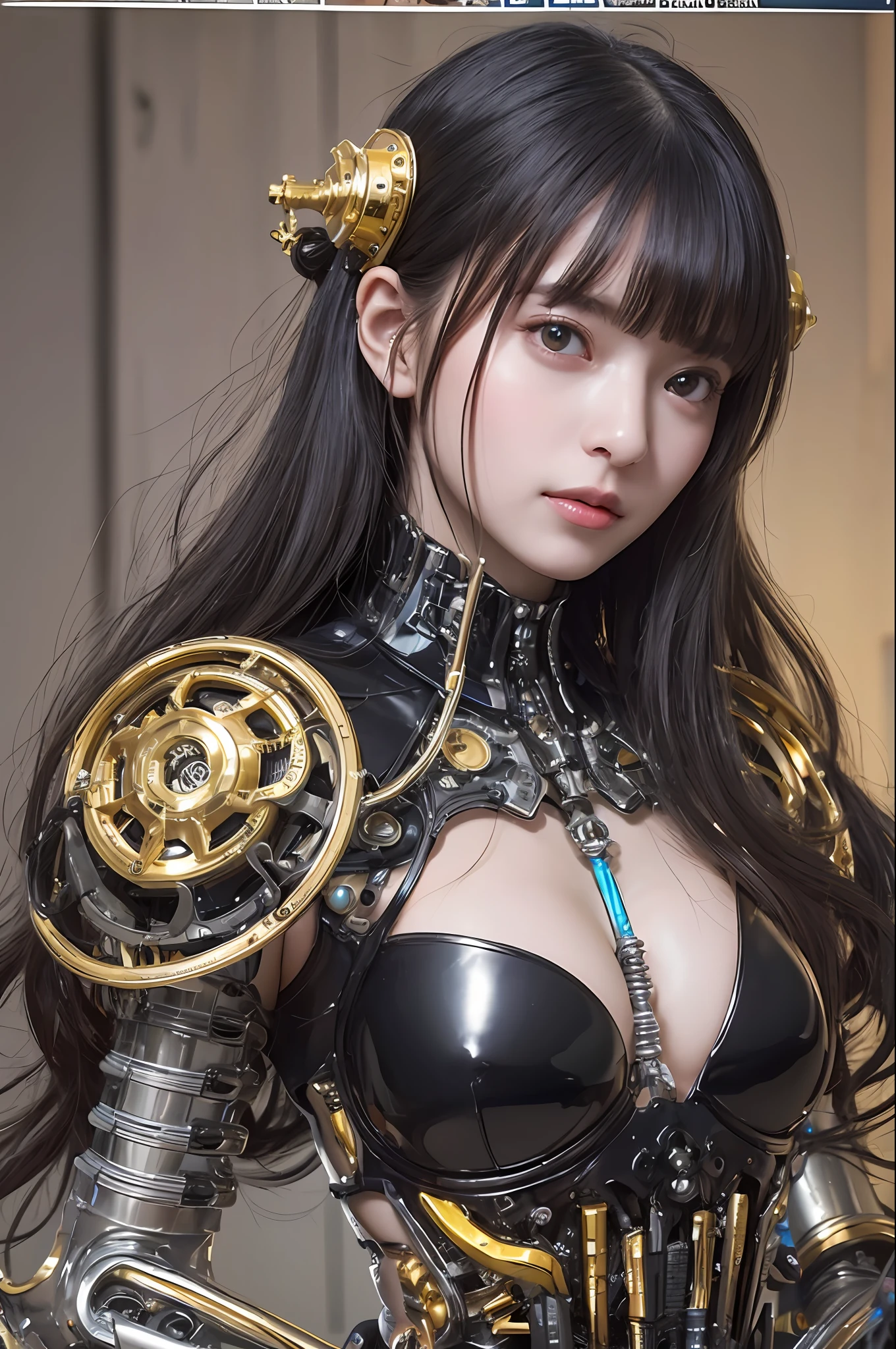 top-quality、masterpiece、超A high resolution、(Photorealsitic:1.4)、Raw photo、1人、Black hair、glowy skin、1 Mechanical Girl、((super realistic details))、portlate、globalillumination、Shadow、octan render、8K、ultrasharp、tits out、Raw skin is exposed in cleavage、Black fiberglass body、Details of intricate ornaments of golden color、Gothloli details、steampunc、highly intricate detail、Realistic light、CGSoation Trends、a purple eye、radiant eyes、Facing the camera、neon details、Mechanical limbs、blood vessels connected to tubes、Mechanical vertebrae attached to the back、mechanical cervical attaching to neck、sitting on、Wires and cables connecting to the head、evangerion、Hydraulic cylinder、tubing、screw、Luminous tube、vacuum tubes、Small LED lamp、