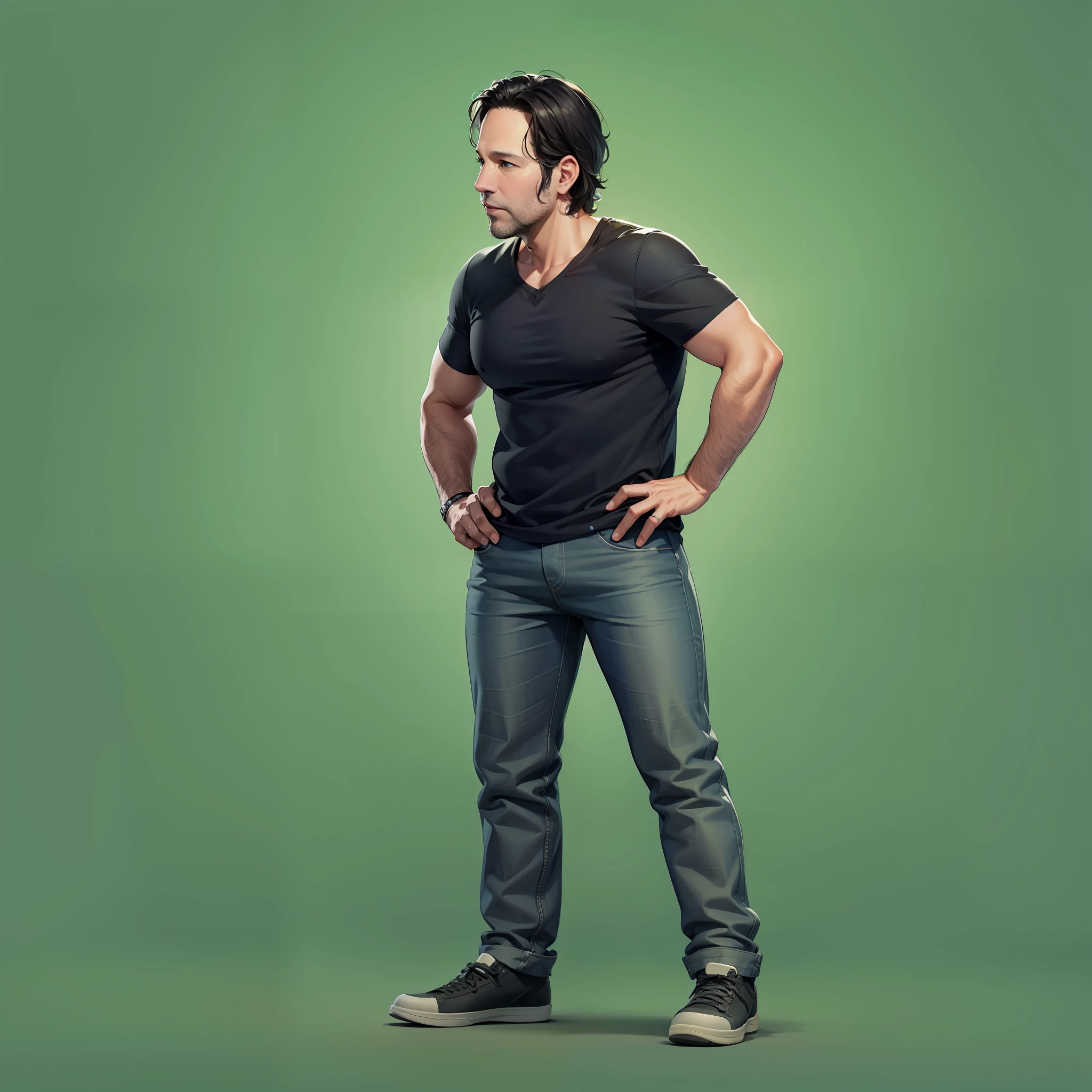 "47 years old" man ("Paul Rudd") wearing simple casual clothes, black hair, full body, model sheet, concept art, sharpen focus, UHD, high details, best quality, highres, 8k