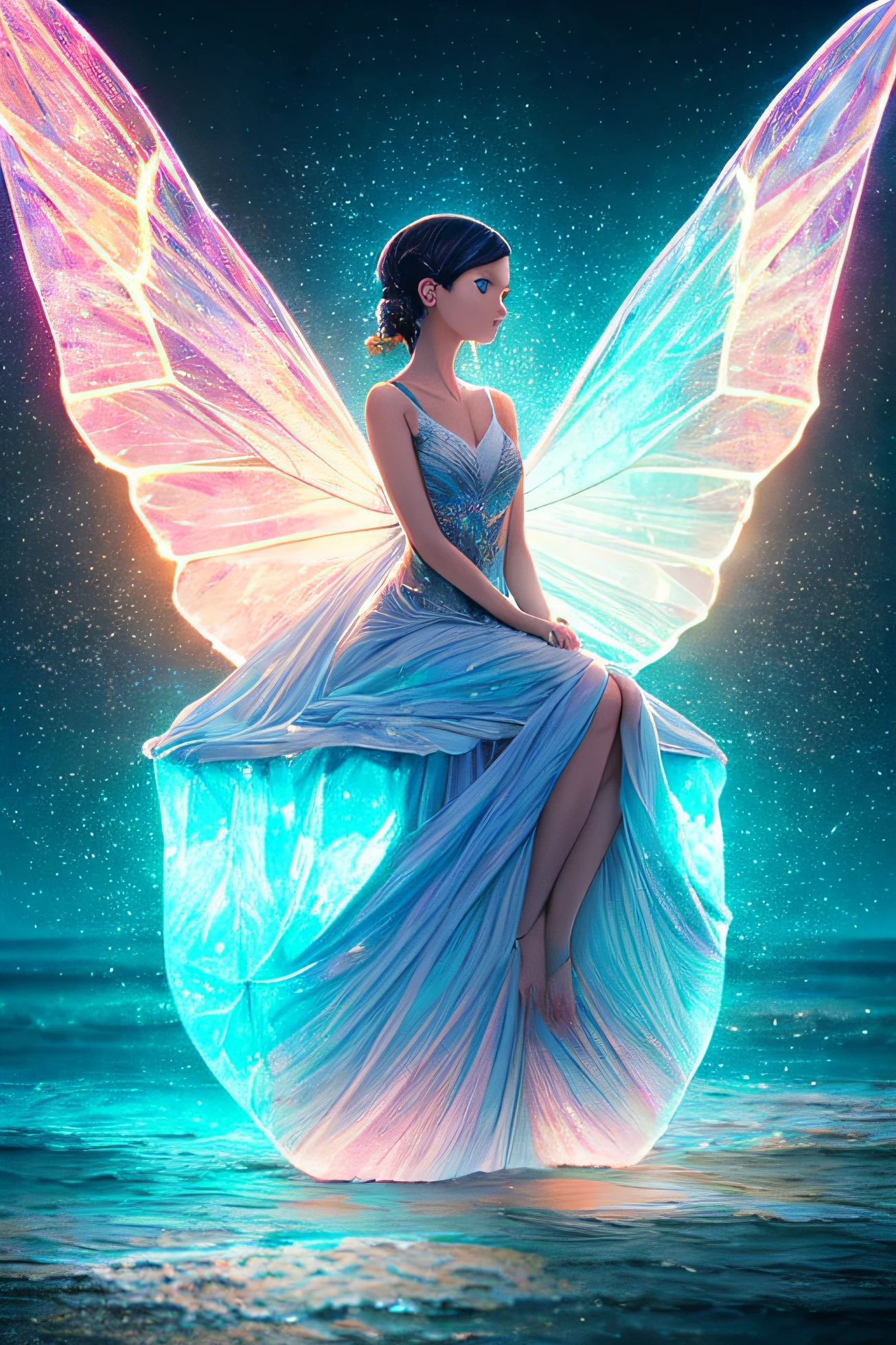 Image of a fragile woman with delicate features, sitting curled up with her hands hugging around her legs. It has butterfly wings sticking out of its back, symbolizing the idea of liberation. The image is colorful, but has a context of light that surrounds it, highlighting the delicacy and the sense of hope. The wings are visible and draw attention, representing transformation and the quest for freedom. ((best quality)), ((masterpiece)), ((realistic)), portrait, 1girl, heavenly, deity, goddess, particles of light, halo, looking at the viewer, (bioluminescent: 0.95) ocean, bioluminescent, vibrant, colorful, color, (bright, brightness), (beautiful composition), cinematic lighting, intricate, (symmetrical: 0.5), capricious,