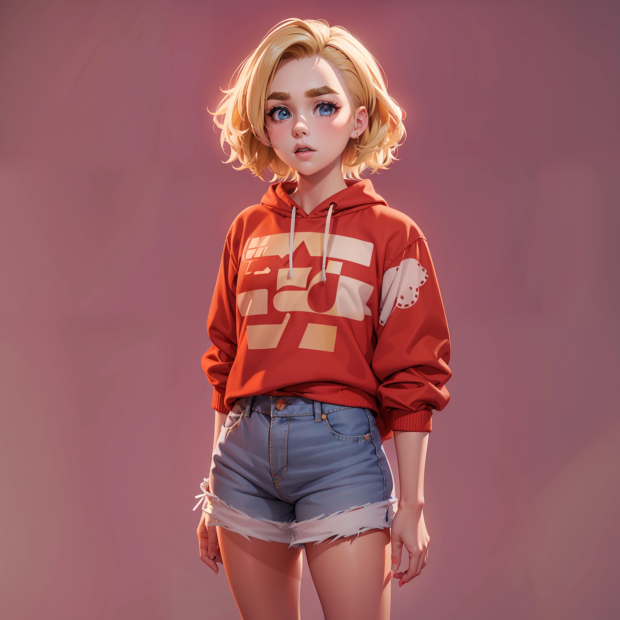 "" girl ("Kiernan Shipka") wearing red sweatshirt and jean shorts, short pixie-style blonde hair, thick eyebrows, flushed cheeks, full body, 3d lowpoly style, low poly, ps1 game style, sharpen focus, UHD, high details, best quality, highres, 8k