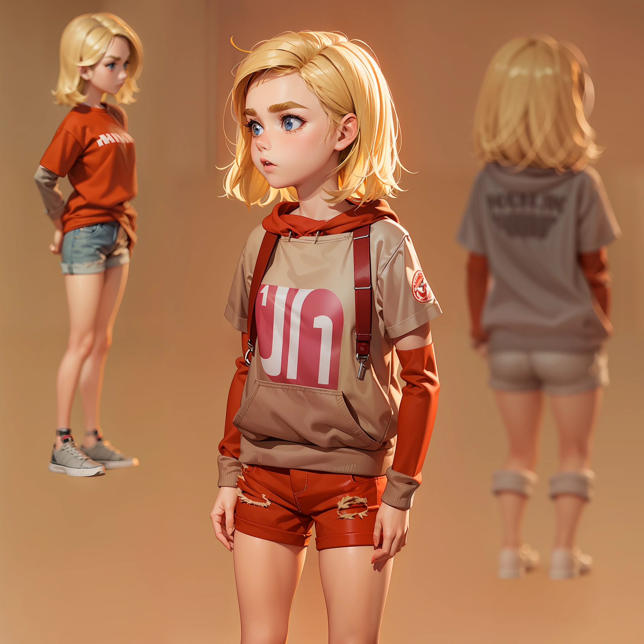 "16 years old" girl ("Kiernan Shipka") wearing red sweatshirt and jean shorts, short pixie-style blonde hair, thick eyebrows, flushed cheeks, full body, 3d lowpoly style, low poly, ps1 game style, sharpen focus, UHD, high details, best quality, highres, 8k