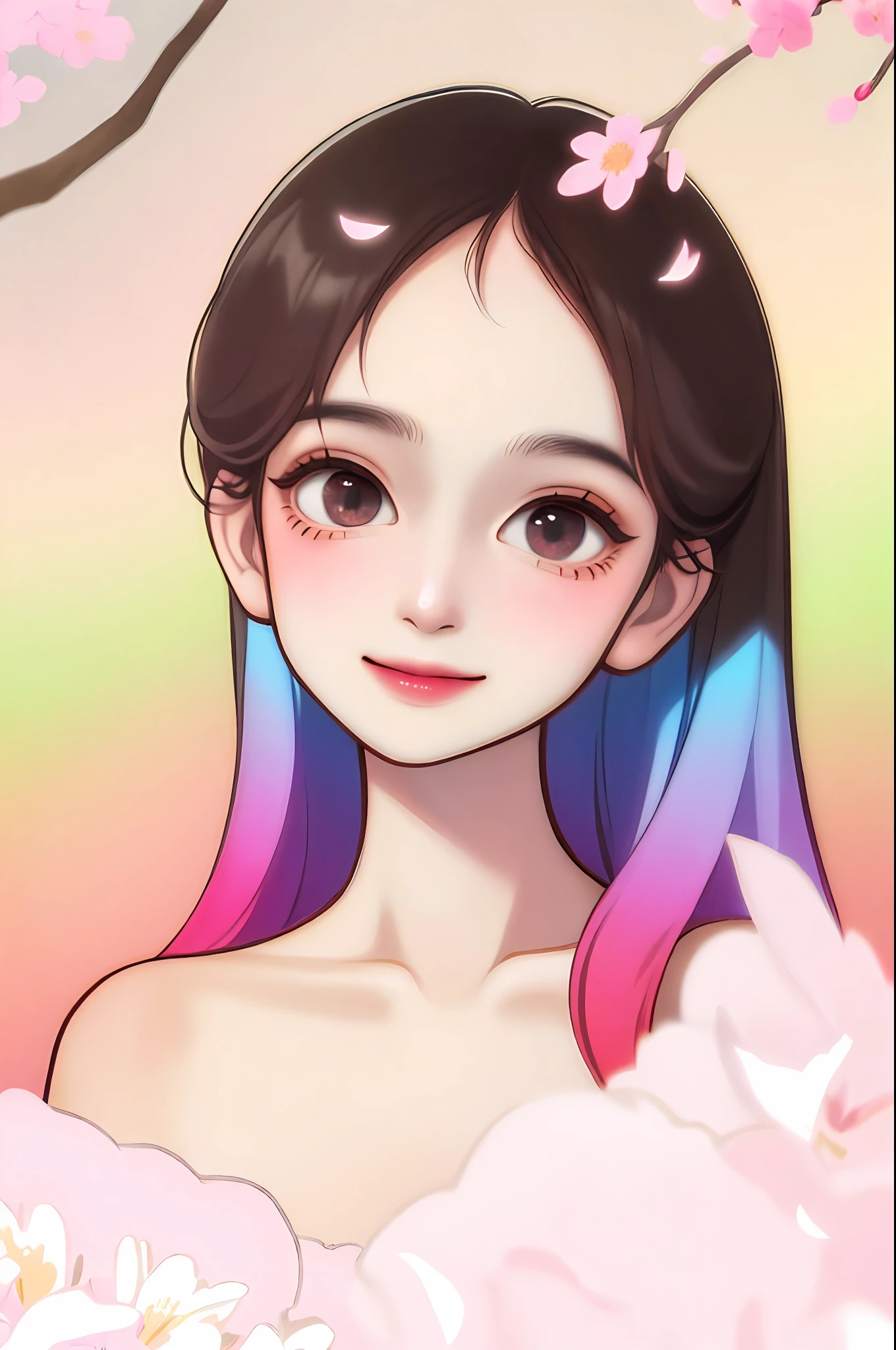 (Masterpiece, Best quality), 1girll, (Small face), Sharp eyes, Breasts, Light smile, Colorful, Cherry blossoms, Leaves, standing, gradient backgrounds, (cowboy_Shot), Real picture