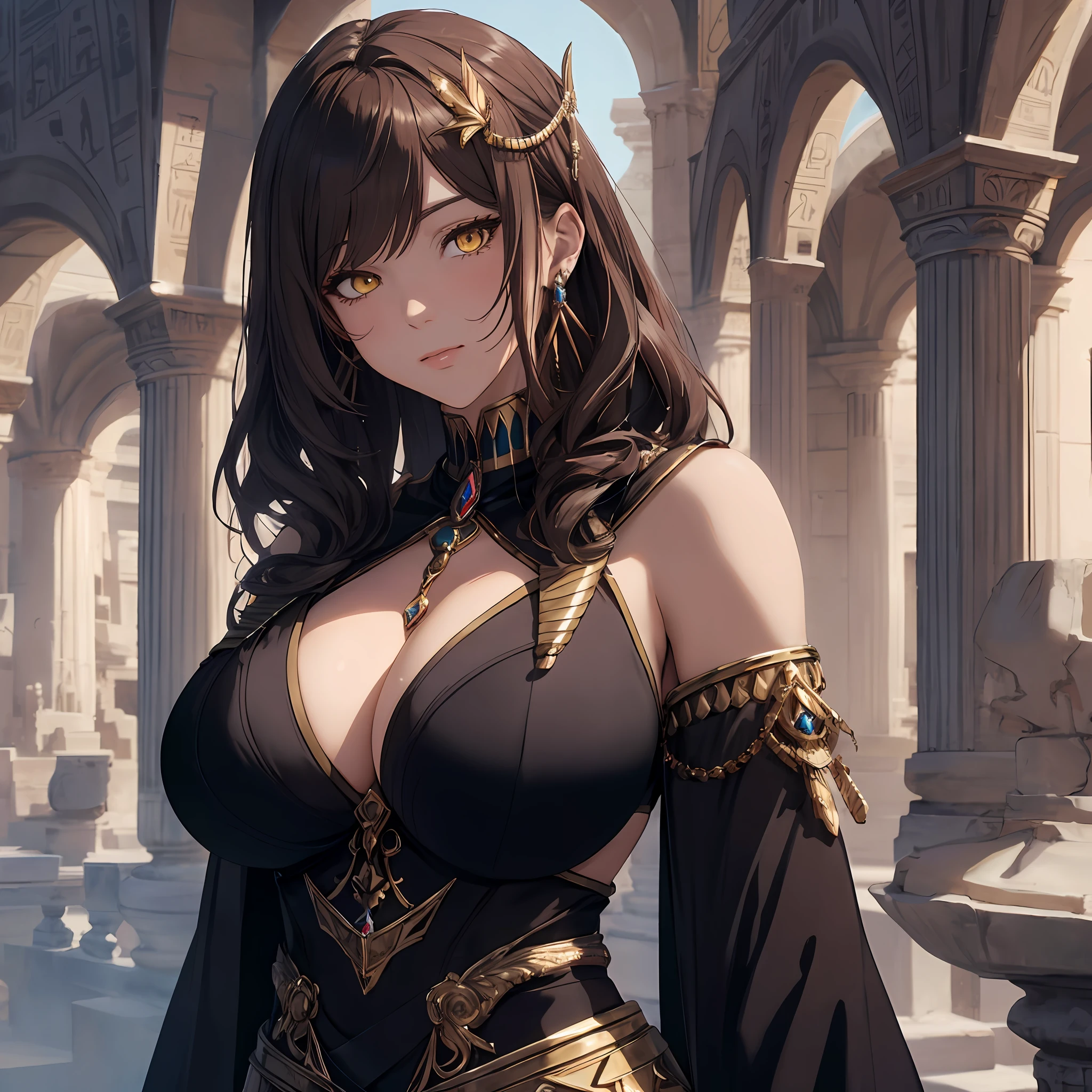 masterpiece, best quality, 1woman adult, female focus, solo, brown hair, vibrant yellow eyes, medium hair, looking at viewer, closed mouth, bangs, Fantasy aesthetics, fantasy earring, Highly detailed, shadowverse style, Egyptian dress, big breast, thick, Egyptian head accesorry