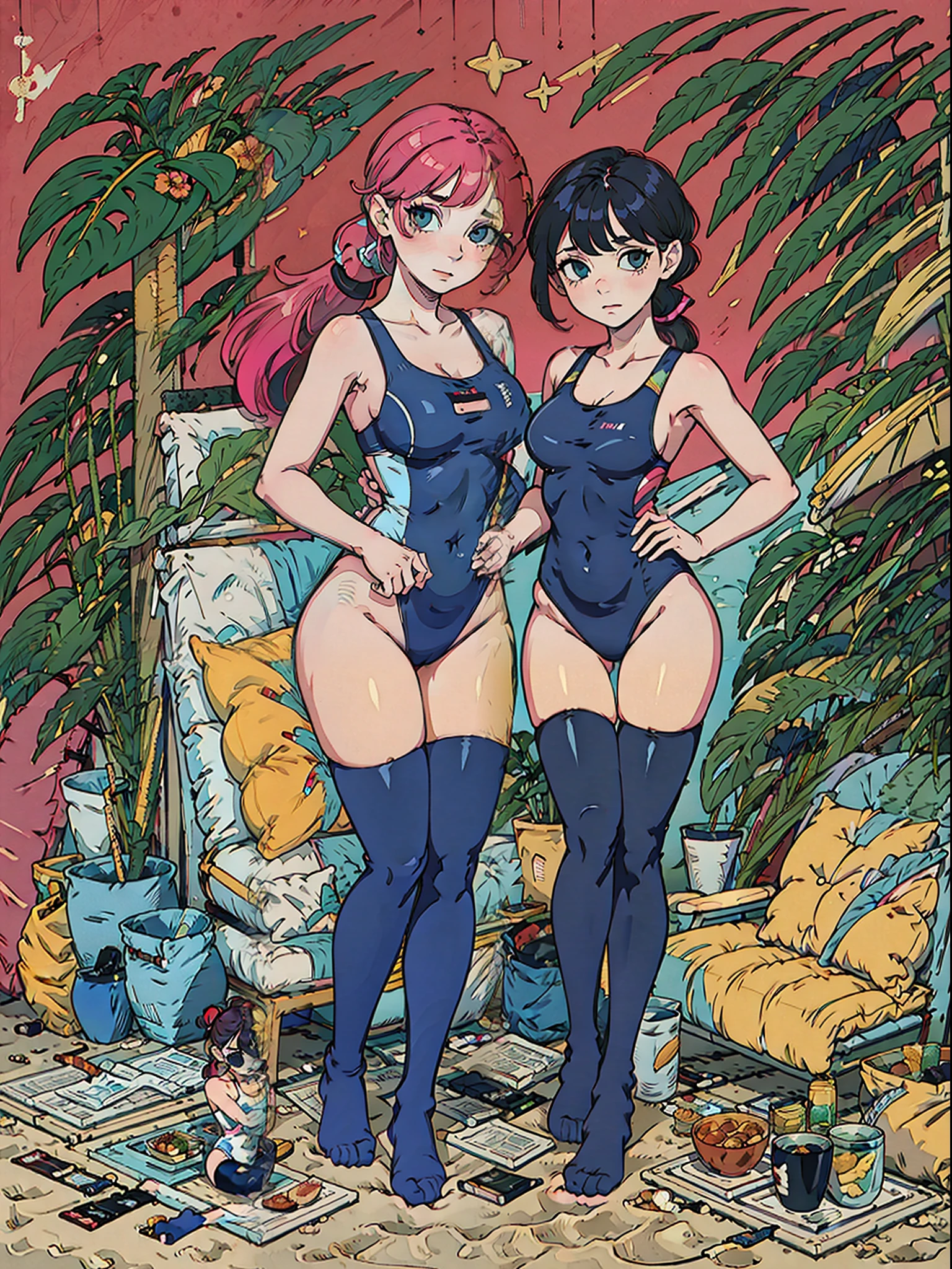(masterpiece), best quality, expressive eyes, perfect face, Pink and Black One-piece swimsuit, Looking at viewer, Pull, Red Ponytail hair, Vibrant, A Tall Woman, Beach, Thigh Highs