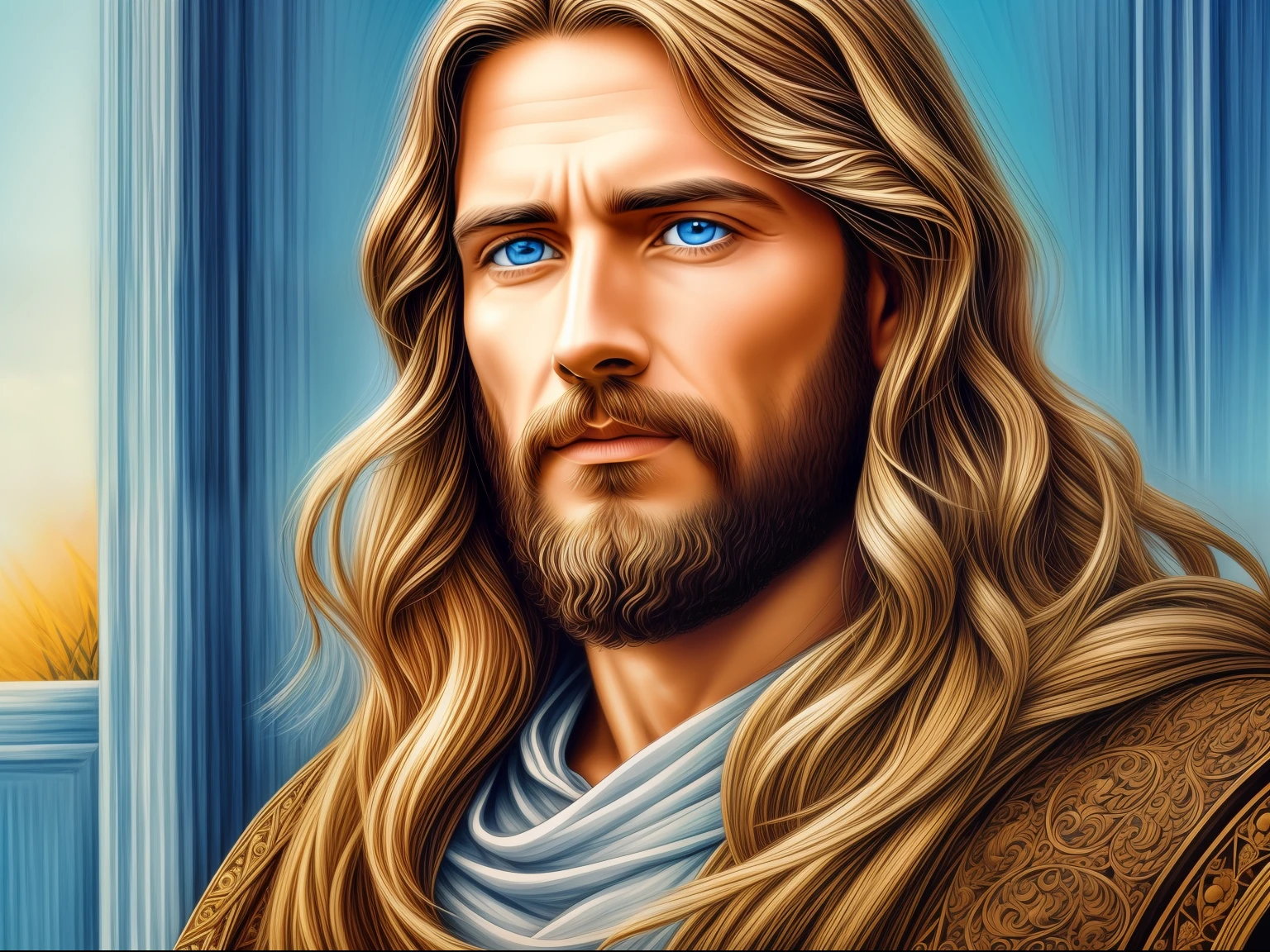 Portrait of a handsome man, Jesus Christ, real blue eyes, sunny day, intricate details.