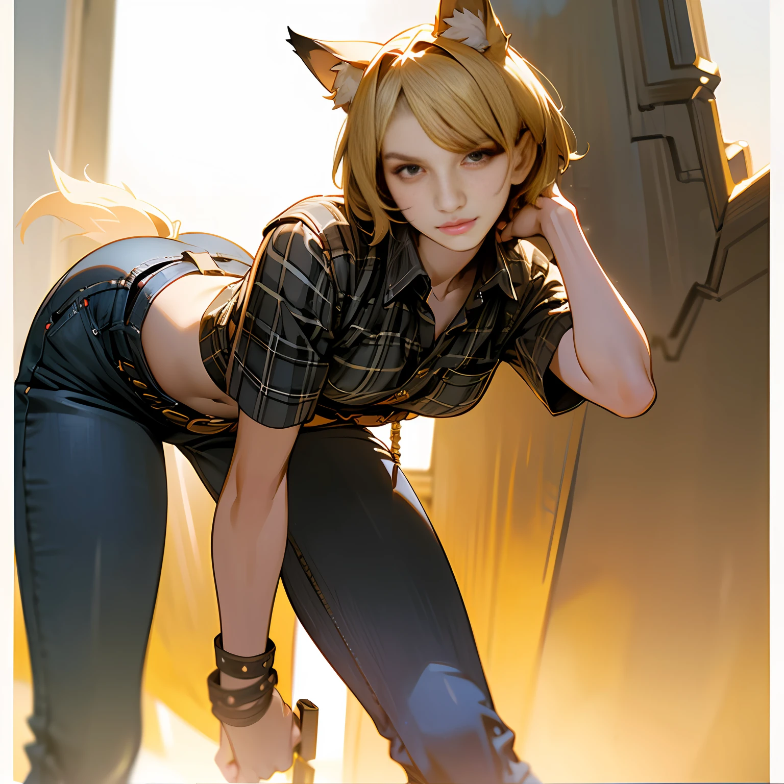 tmasterpiece, beste-Qualit, (realisti, photo-realistic:1.4), (RAW photo:1.2), Extremely detailed, fine details, Extremely detailed eyes and face, beautiful detail eyes, golden eyes, Yellow eyes, Light on the face, A girl, Short Hair Hair, hair light, pretty, looking a viewer, standingn, From bottom to top, Frame from below, bellybutton, hason, plaid shirt, Checkered shirt, jean shorts, Straps, Gyroky belt, Strapping, pistol on the belt, exteriors, wolf ears, wolf tail. --auto