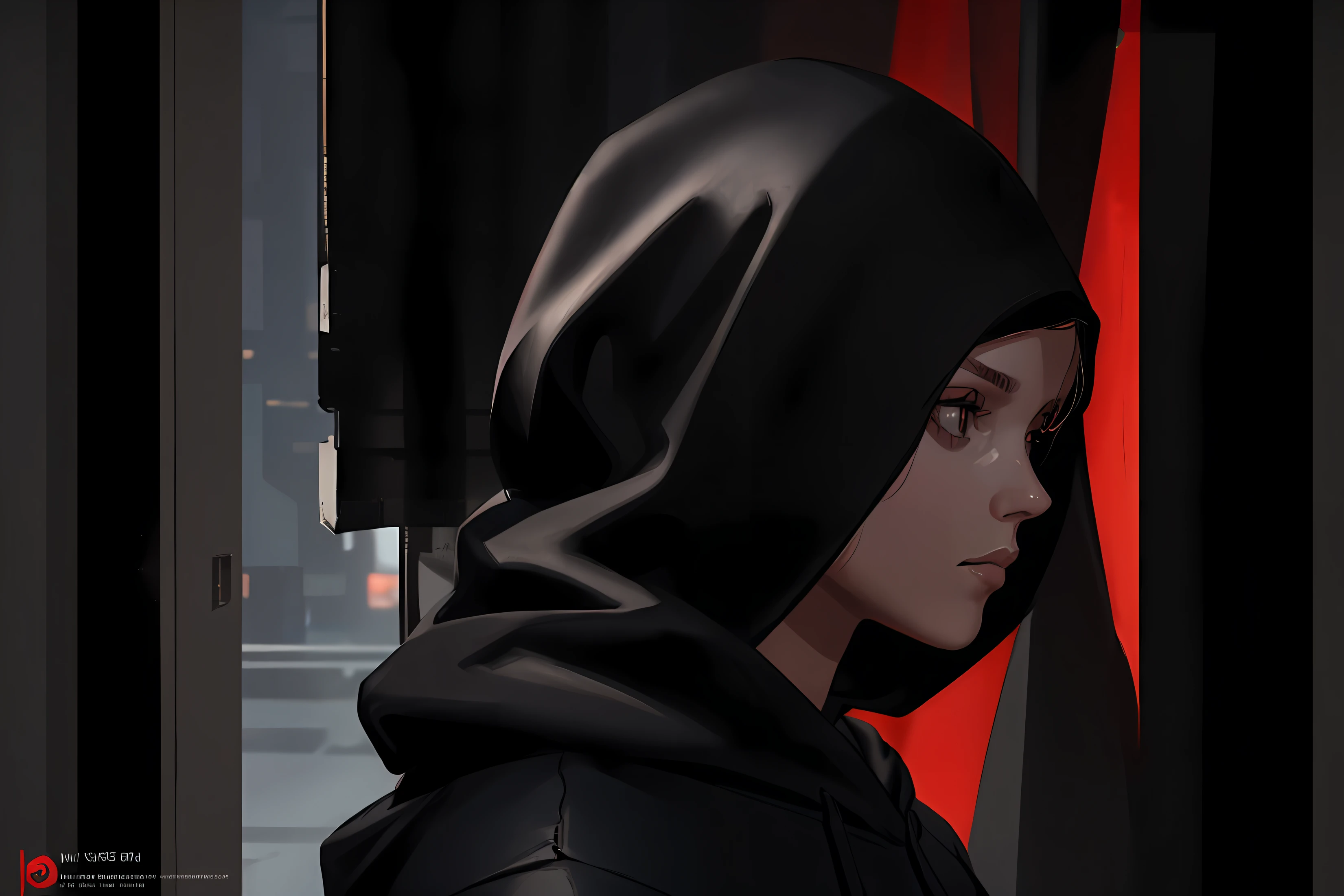 cyberpunk game style, ((masterpiece, best quality 1.3)) ultra detailed, 8k,adobe illustration realistic, digital painting, black hood in front of a curtain, with black hood, profile photo, wearing a black sweatshirt, wearing a hoodie, wearing an oversized ...