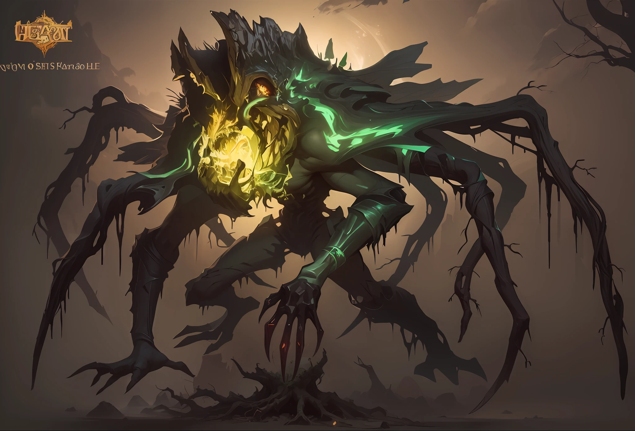 um close up de um monstro com olhos verdes e garras, eldritch abomination, arte conceitual monstro, arte conceitual da criatura, old thing, um monstro de cardo humanoide, arte conceitual de world of warcraft, Ent Treant Dryad, Orc fundido com videiras, Treant, arte do personagem da criatura conceitual, Uma entidade Eldritch, design de criaturas, arte conceitual da criatura da fantasia