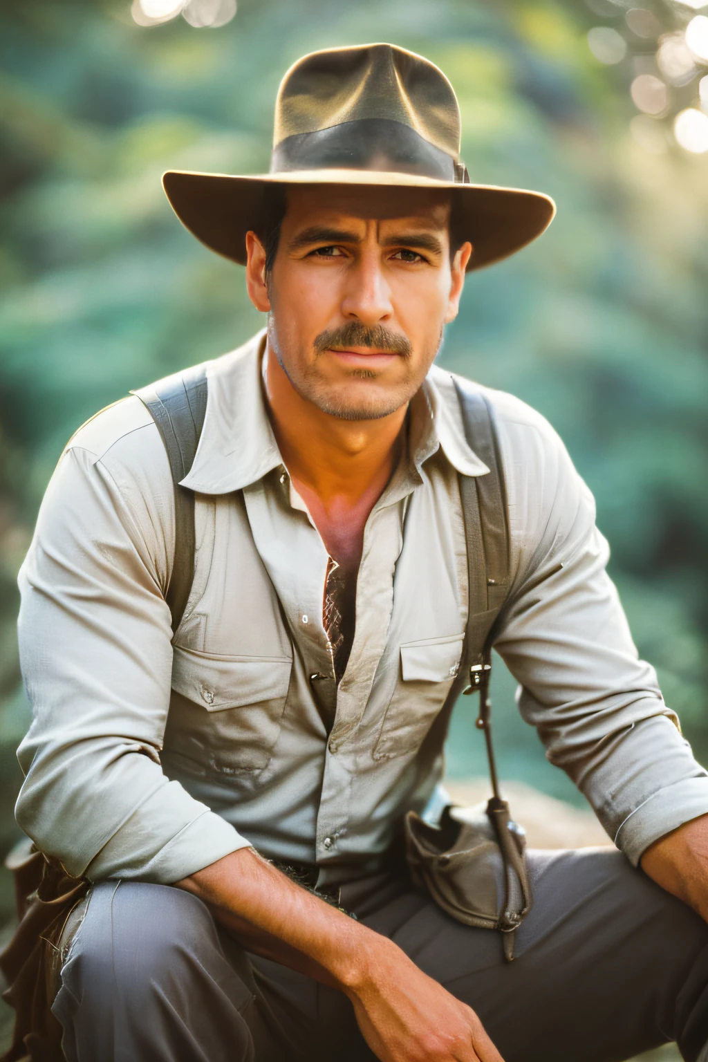 a highly detailed full-body photo of a man with a scruffy beard like Indiana Jones 1981 wearing a hat, (cara detallada), (ojos detallados perfectos: 1.1), (piel altamente detallada: 1.1), Perfect athletic body, estilo Modelshoot, profesional photography, dramatic illumination, FOTORREALISTA, kinematics, realista, puesta de sol, de pie en un fondo de jungla de bosque, RAW,, foco nítido, 8k, high resolusion, DSLR, alta calidad, Fujifilm XT3, obra maestra galardonada