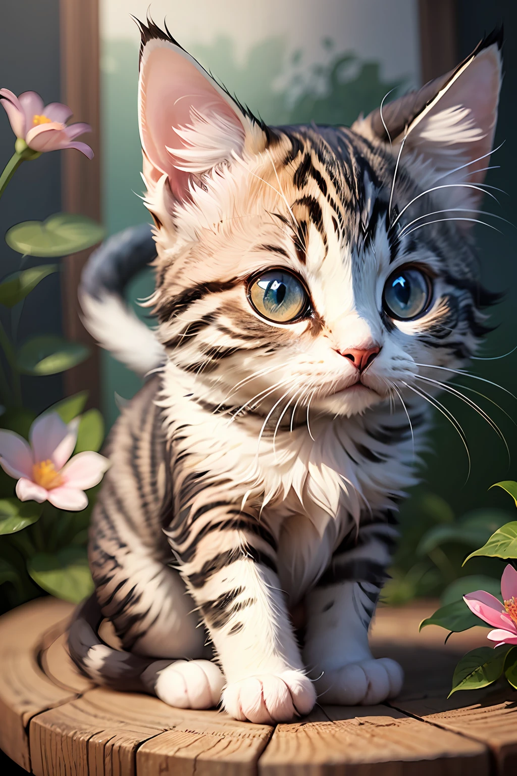 detailed illustration, cute and vivid kitten, fantasy flower splash, in Studio Ghibli style, pastel tetradic colors of white and lilac flora, 3D vector art, cartoon fantasy cat, cute. --auto --s2