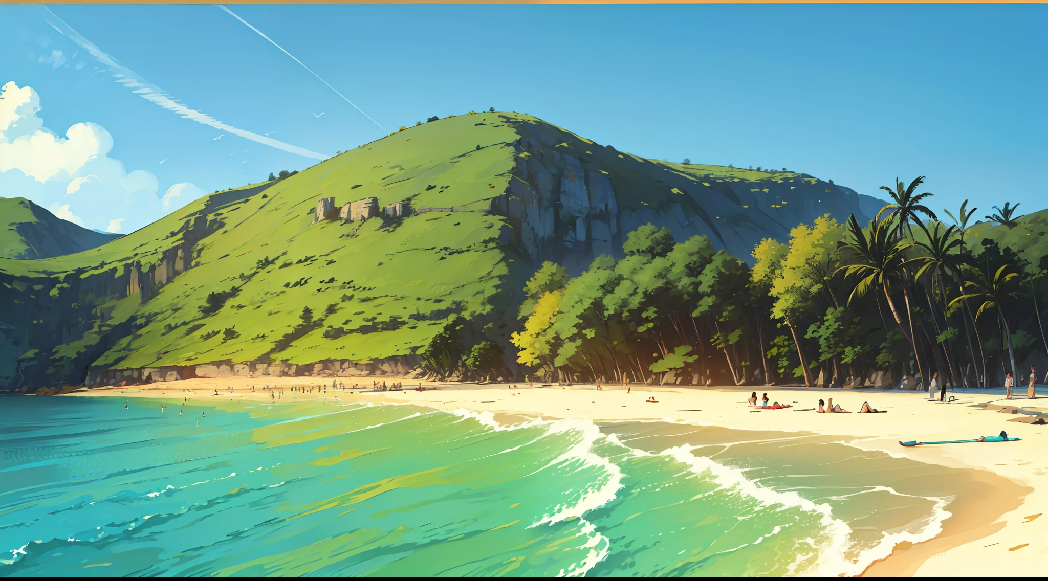 praia com areias e aguas cristalinas, floresta tropical , modo paisagem --auto --s2