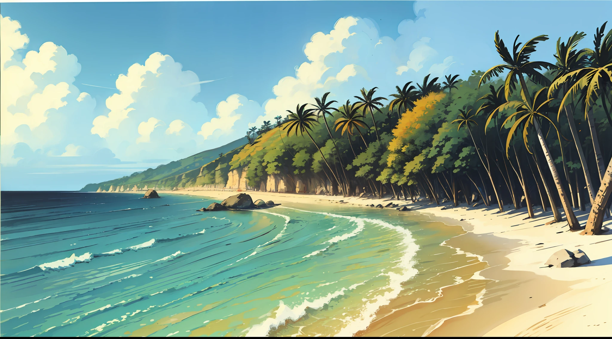 praia com areias e aguas cristalinas, floresta tropical , modo paisagem --auto --s2