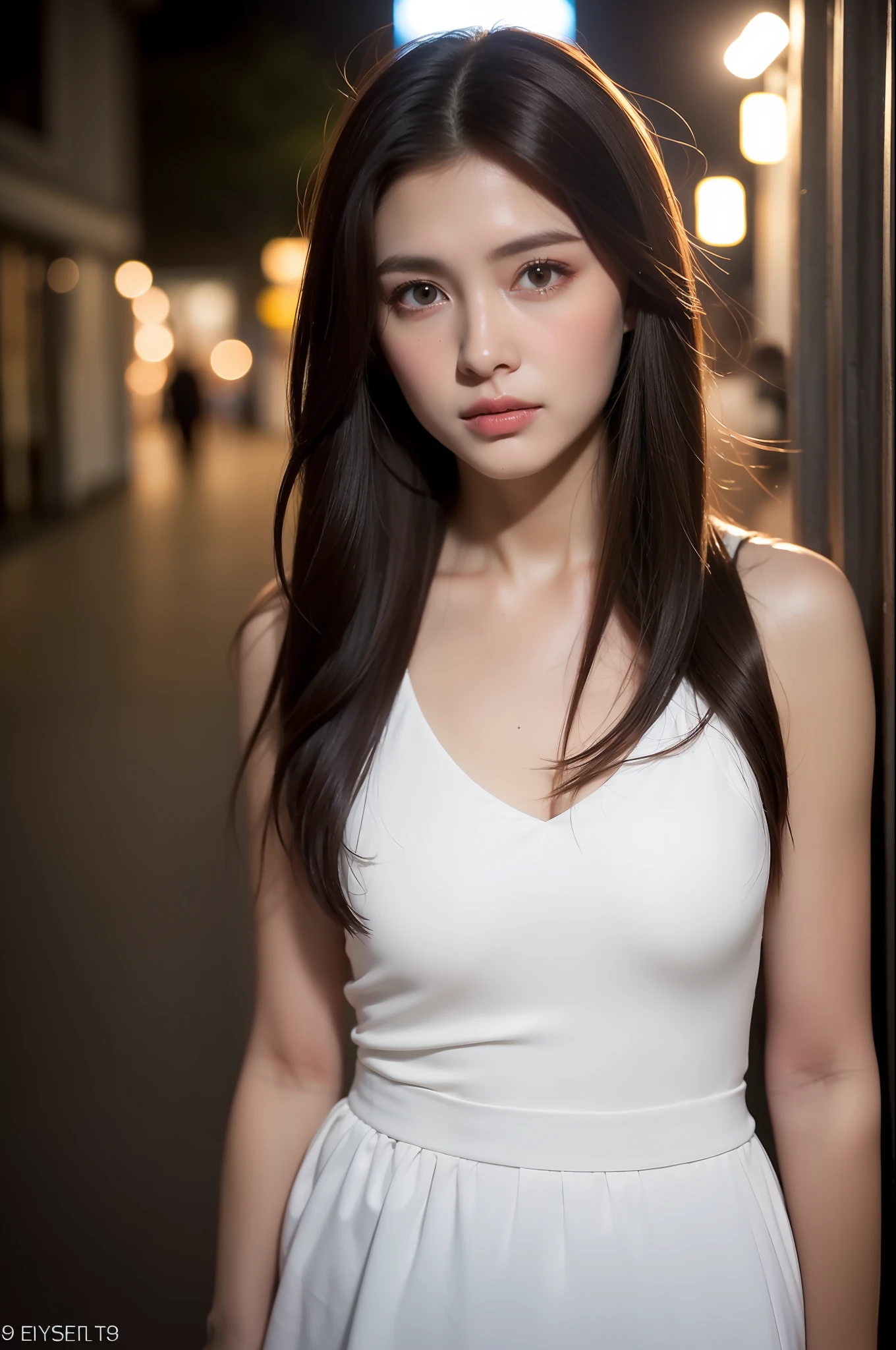 ((Realistic lighting, Best quality, 8K, Masterpiece: 1.3)), Focus: 1.2, 1girl, Perfect Figure: 1.4, Slim Abs: 1.1, ((Dark brown hair)), (White dress: 1.4), (Outdoor, Night: 1.1), City streets, Super fine face, Fine eyes, Double eyelids,