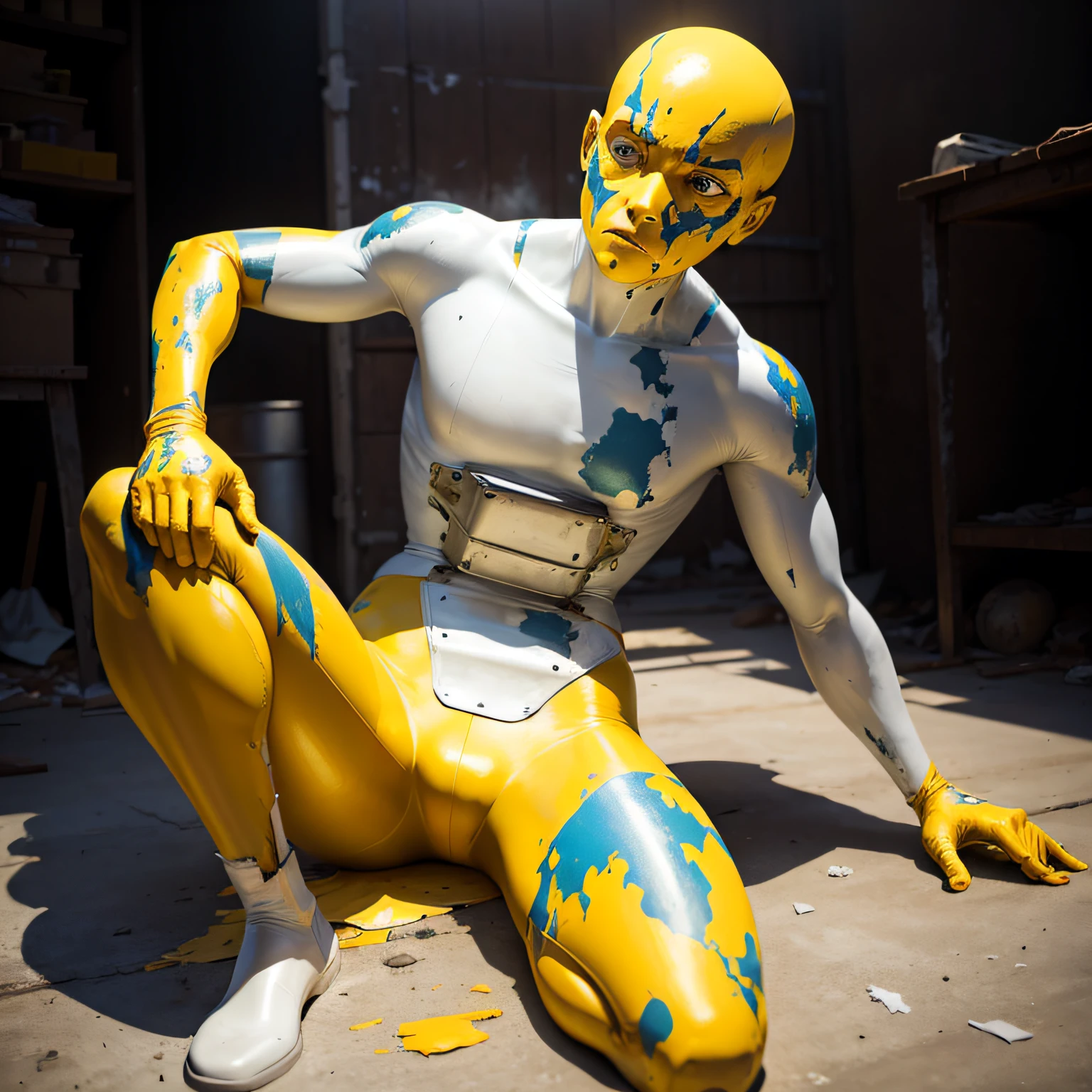 yellow face steel test dummy with peeling paint --auto