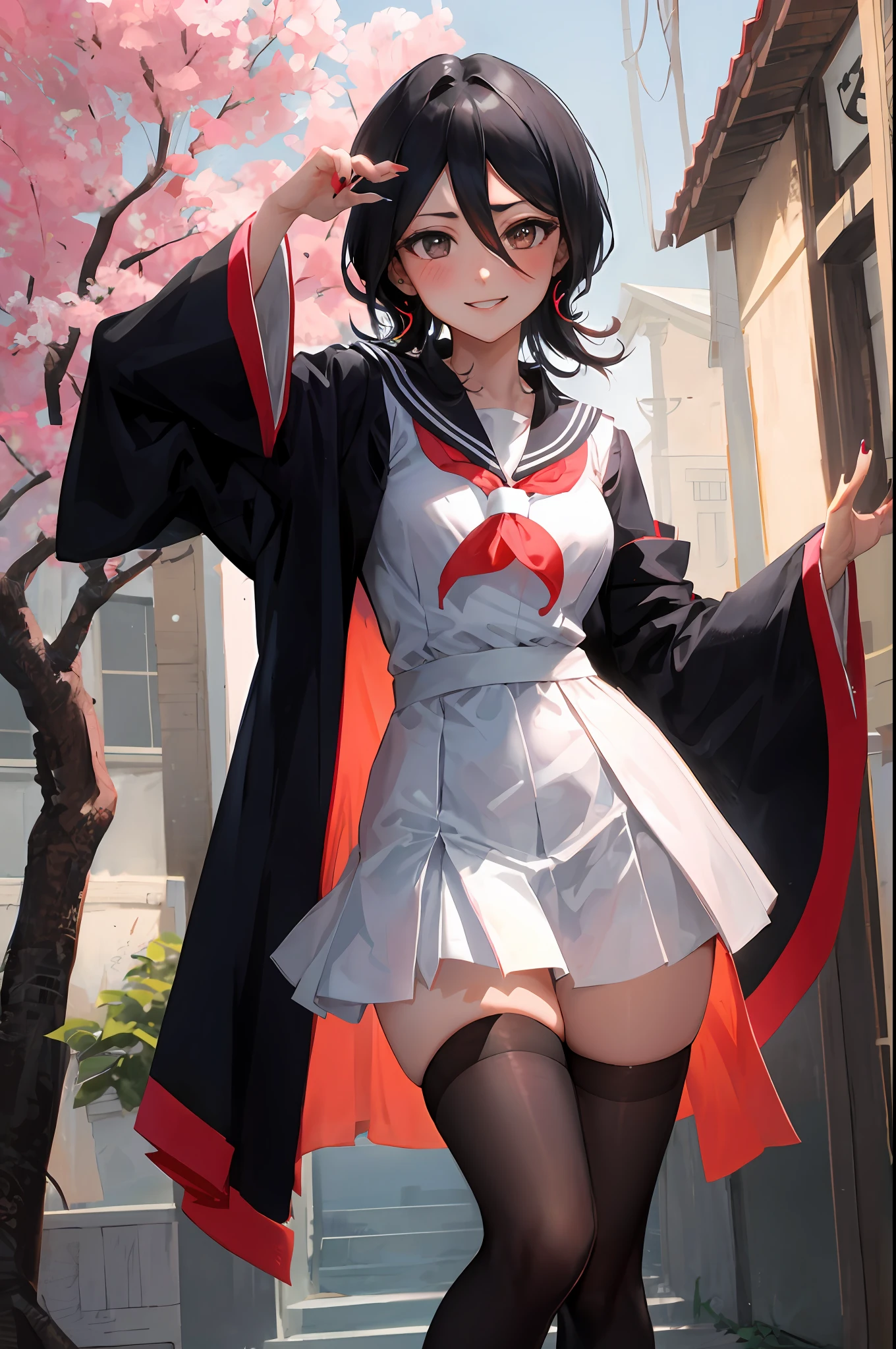 Rukia kuchiki, 1girl, solo, ((sailor uniform)), black thighhighs, breasts, Kimono, Shinigami dress, hair between eyes, medium breasts, looking at viewer, messy hair, black hair, pink short nails, solo, thighhighs, thighs, ((masterpiece)), standing, ear piercing, sexy pose, blush, shy, smile, japanese temple, sakura tree,