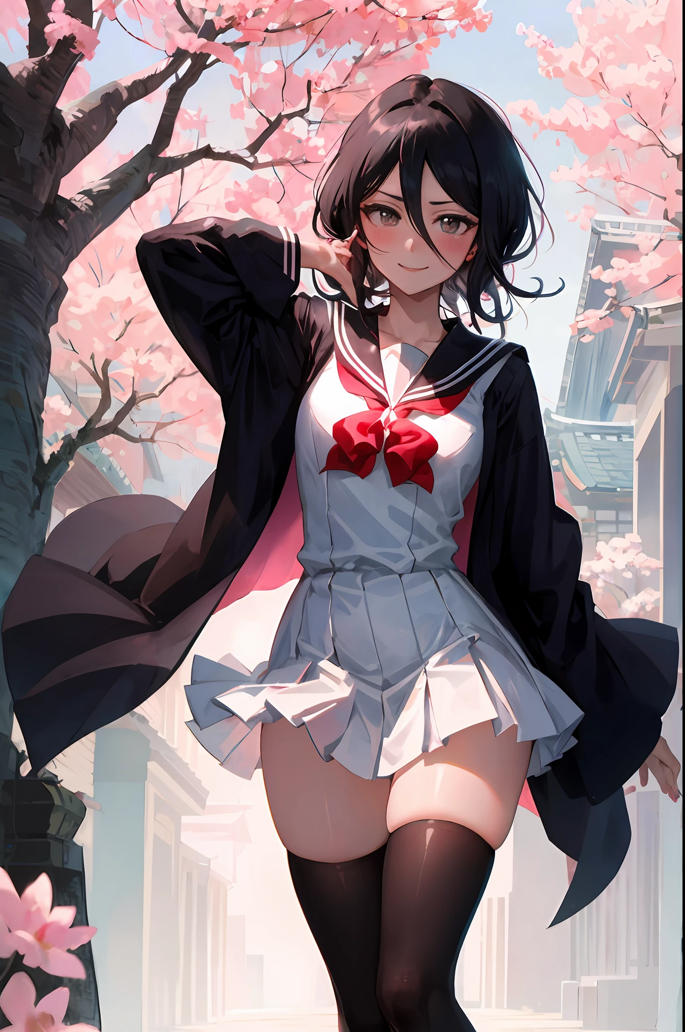 Rukia kuchiki, 1girl, solo, ((sailor uniform)), black thighhighs, breasts, Kimono, Shinigami dress, hair between eyes, medium breasts, looking at viewer, messy hair, black hair, pink short nails, solo, thighhighs, thighs, ((masterpiece)), standing, ear piercing, sexy pose, blush, shy, smile, japanese temple, sakura tree,