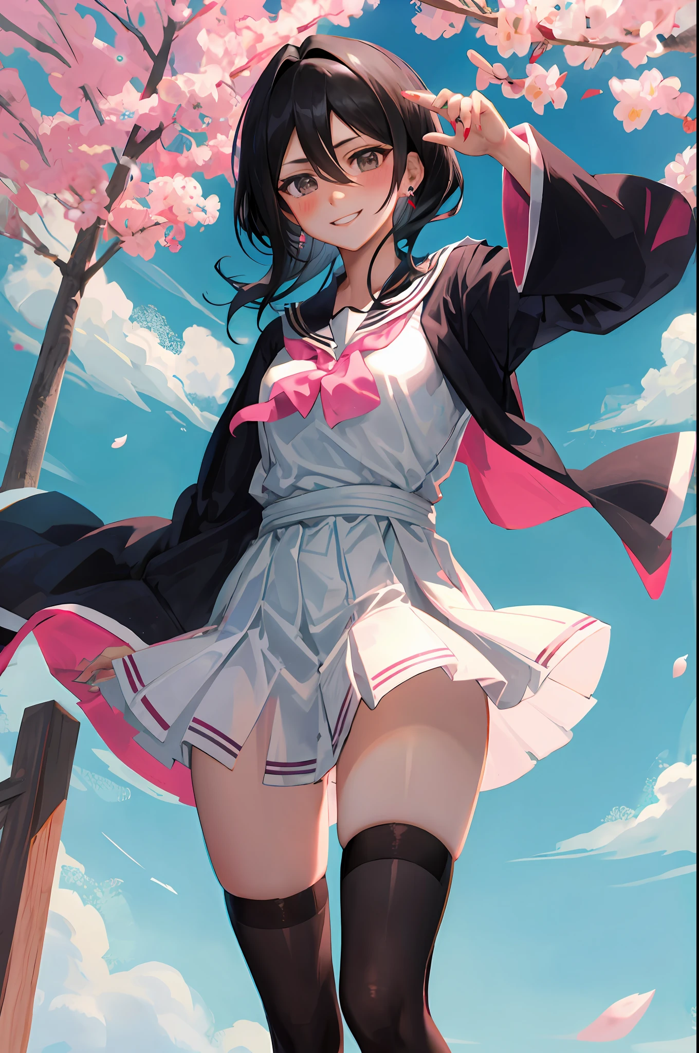 Rukia kuchiki, 1girl, solo, ((sailor uniform)), black thighhighs, breasts, Kimono, Shinigami dress, hair between eyes, medium breasts, looking at viewer, messy hair, black hair, pink short nails, solo, thighhighs, thighs, ((masterpiece)), standing, ear piercing, sexy pose, blush, shy, smile, japanese temple, sakura tree,