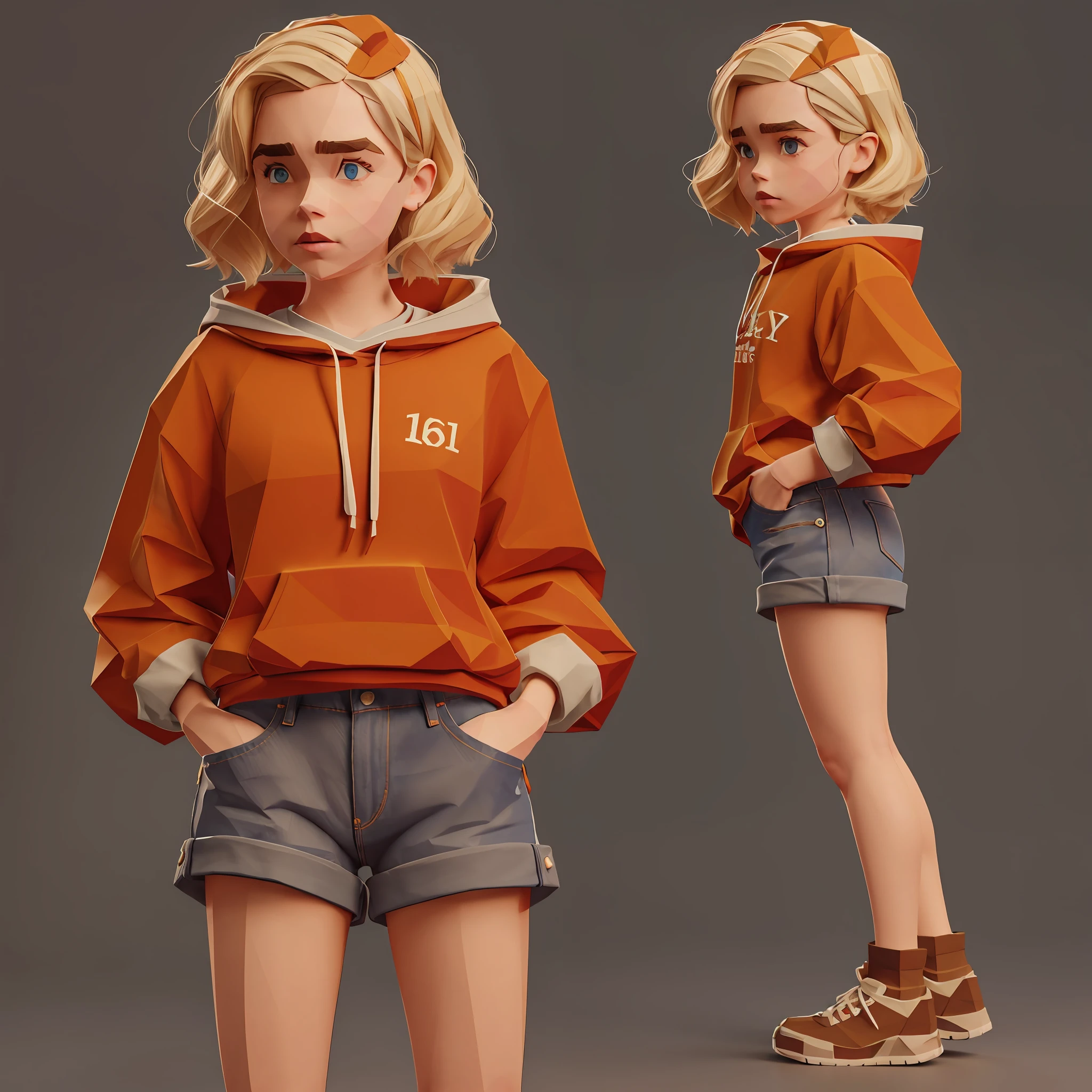 "16 years old" girl ("Kiernan Shipka") wearing red sweatshirt and jean shorts, short pixie-style blonde hair, thick eyebrows, flushed cheeks, full body, 3d lowpoly style, low poly, ps1 game style, sharpen focus, UHD, high details, best quality, highres, 8k