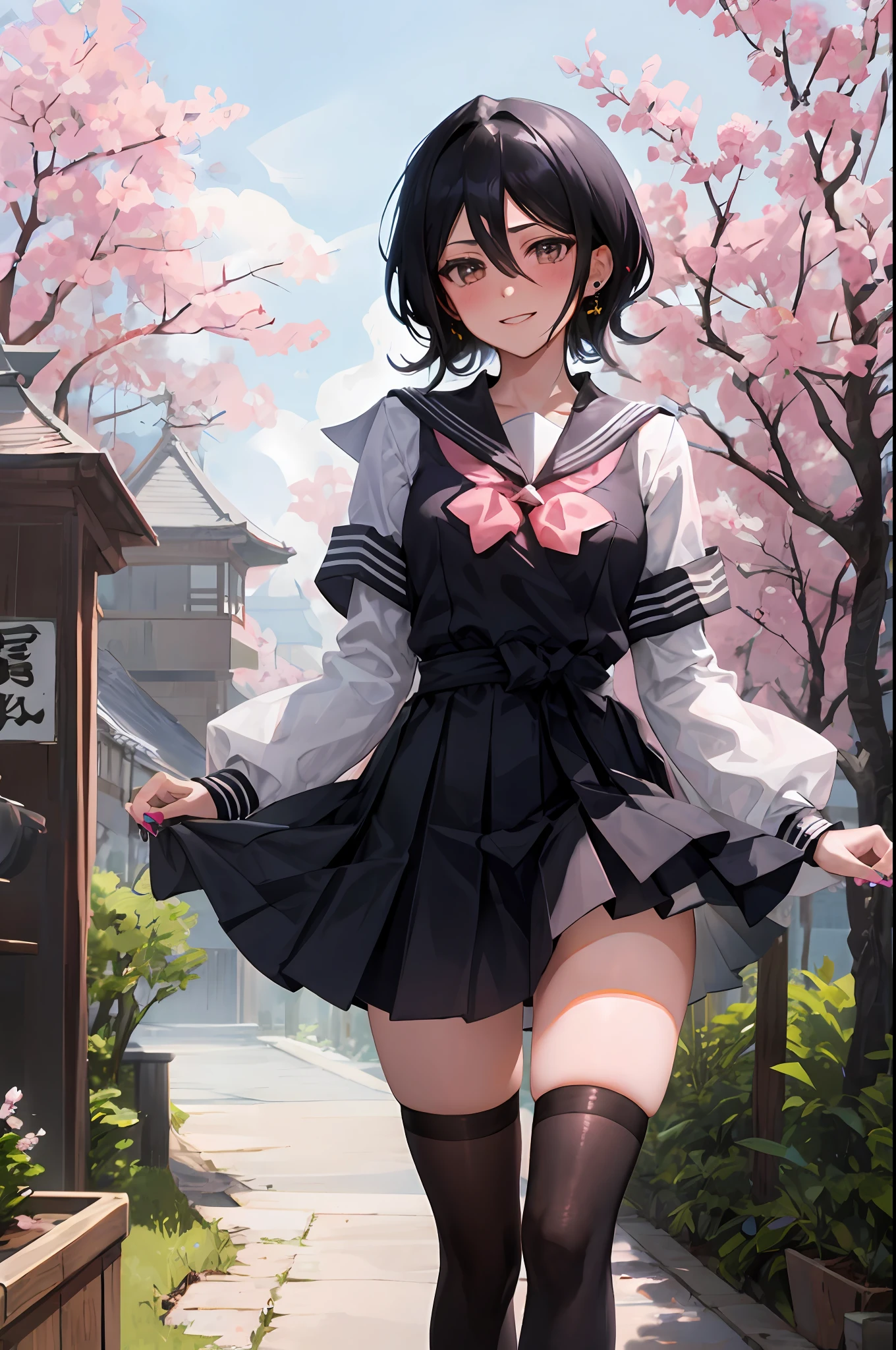 Rukia kuchiki, 1girl, solo, ((sailor uniform)), black thighhighs, breasts, Kimono, Shinigami dress, hair between eyes, medium breasts, looking at viewer, messy hair, black hair, pink short nails, solo, thighhighs, thighs, ((masterpiece)), standing, ear piercing, sexy pose, blush, shy, smile, japanese temple, sakura tree,