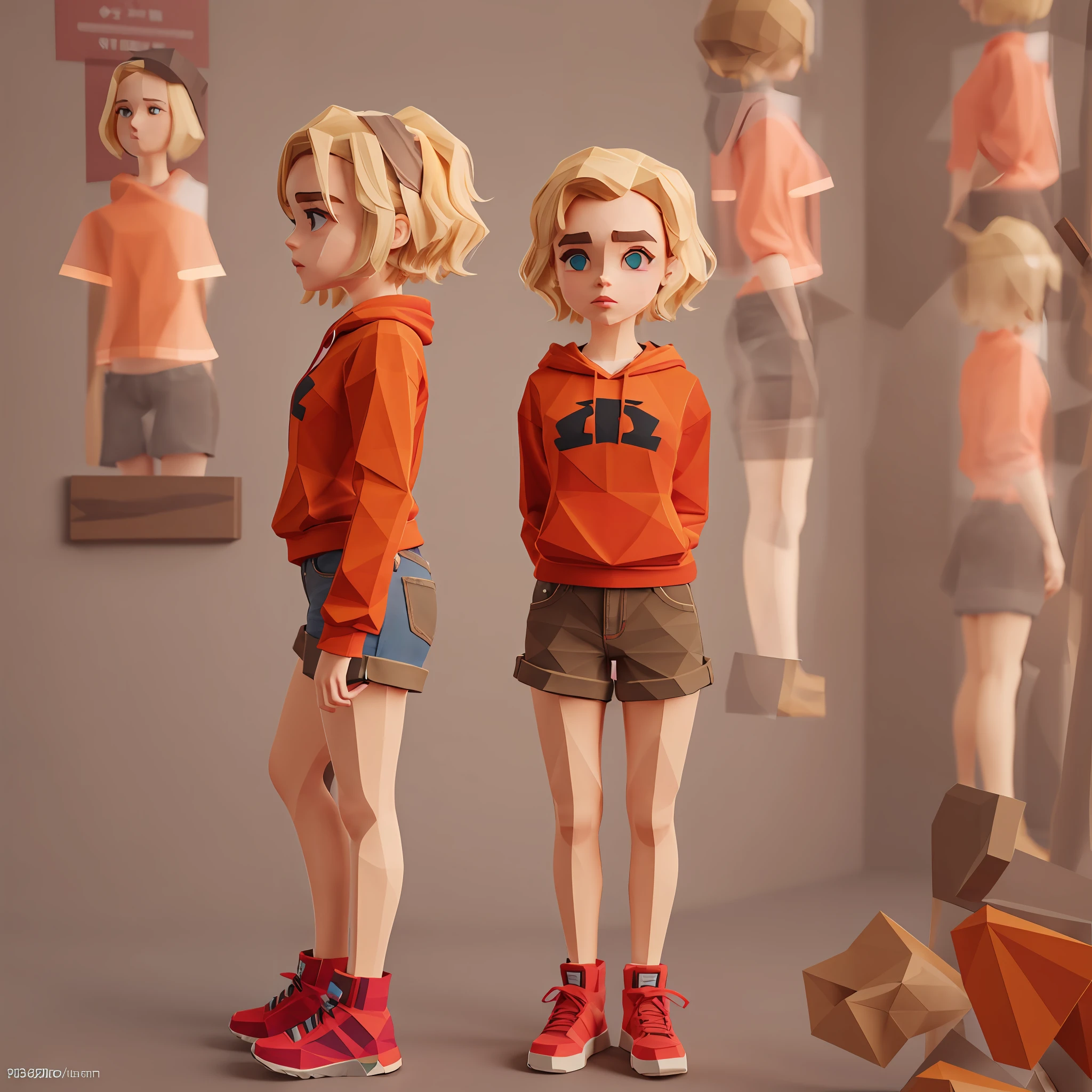 "************" girl ("Kiernan Shipka") wearing red sweatshirt and jean shorts, short pixie-style blonde hair, thick eyebrows, flushed cheeks, full body, 3d lowpoly style, low poly, ps1 game style, sharpen focus, UHD, high details, best quality, highres, 8k